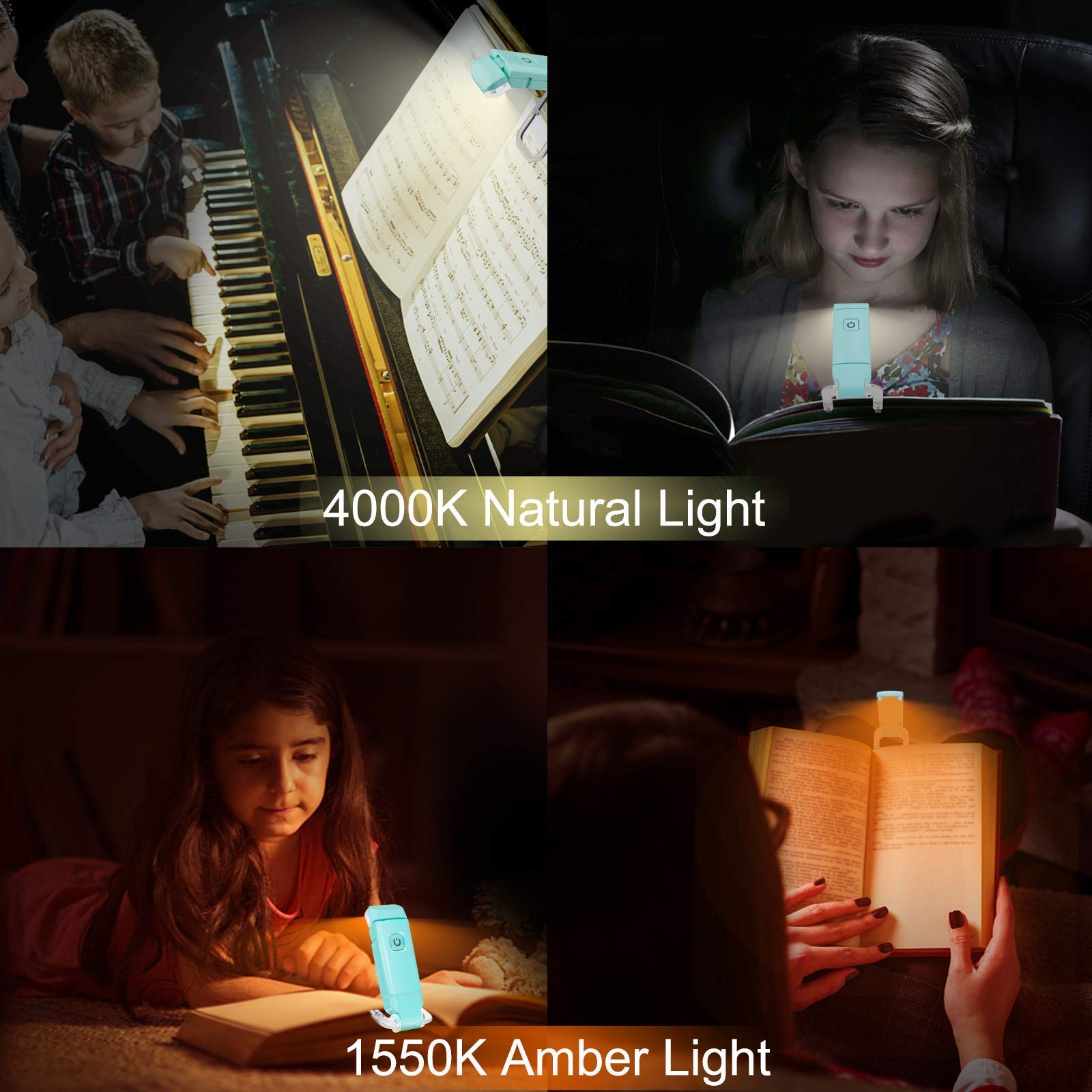 Rechargeable LED Book Light with Dimmable Warm White & Amber Modes – USB-Powered Clip-On Reading Lamp for Books, Sheet Music & Travel (Blue) — image 4