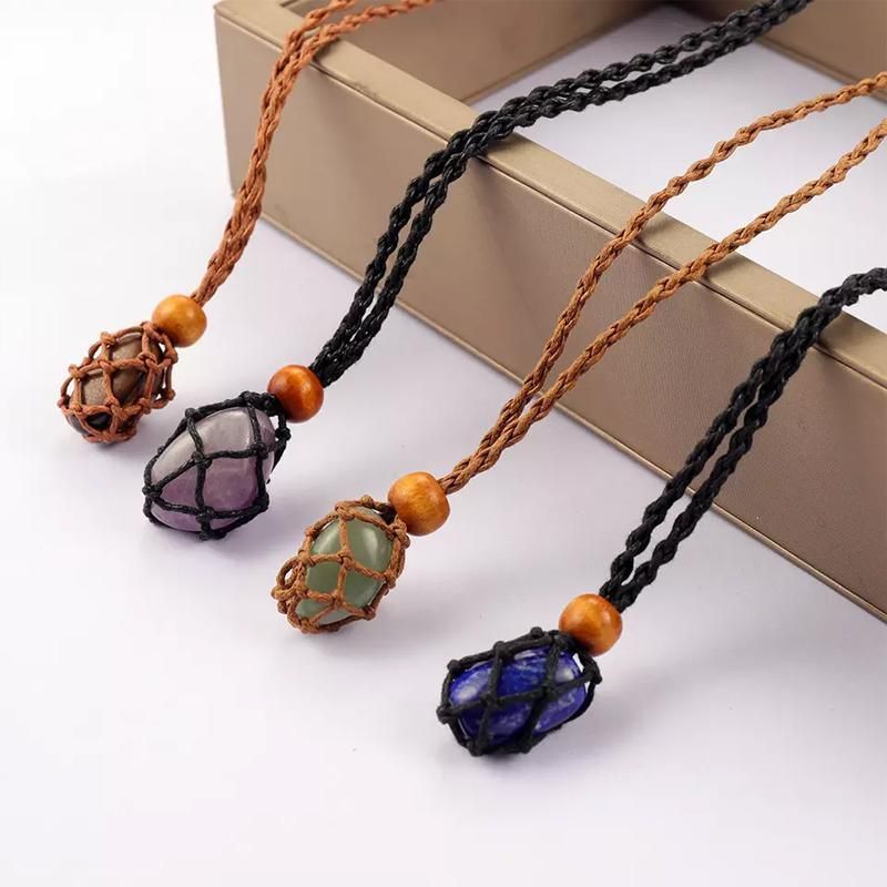 L Size Empty Stone Holder Necklace Crystal Quartz Gemstone Cage Rope Cord Pendant DIY - Brown โ image 4