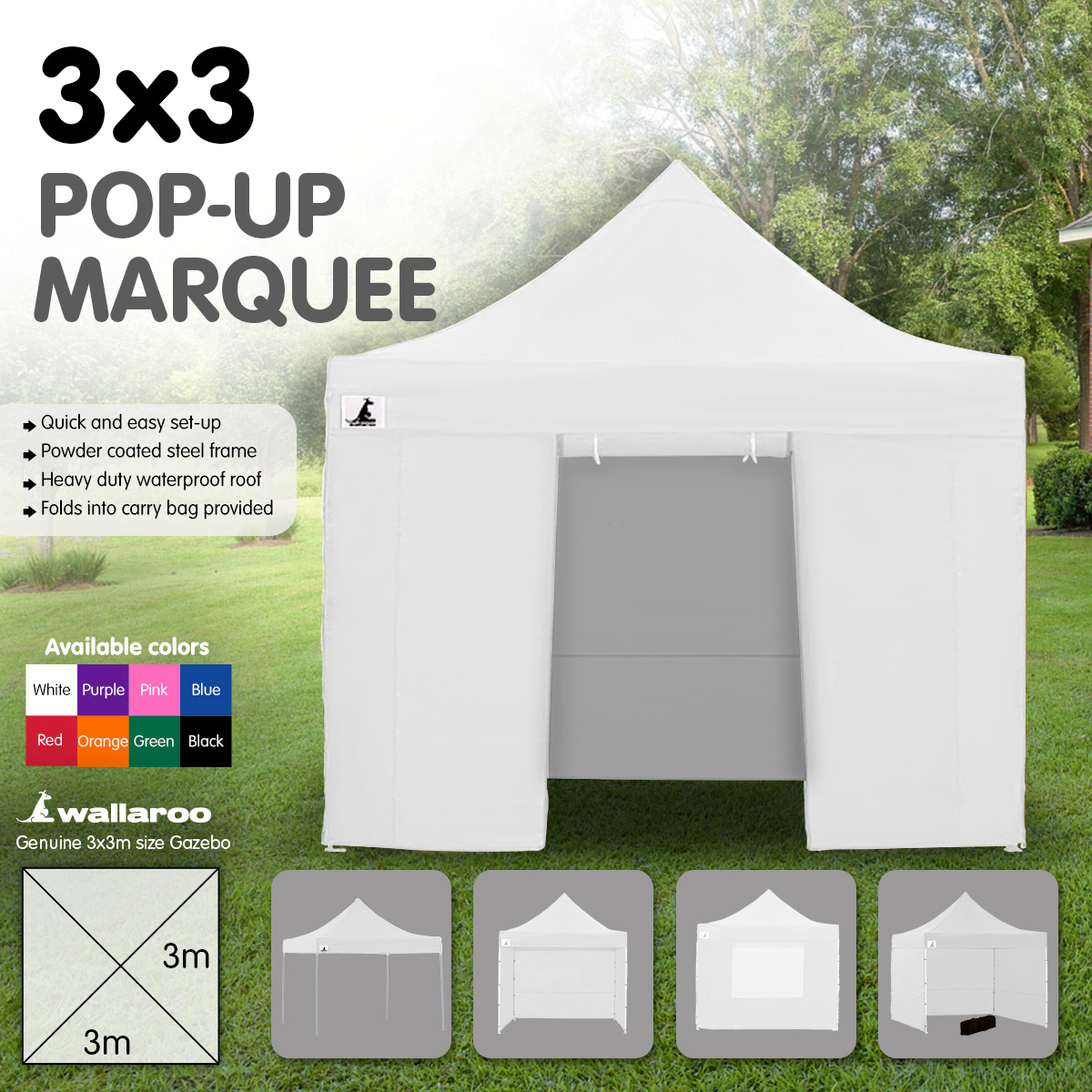 Wallaroo Gazebo Tent Marquee 3x3 PopUp Outdoor Wallaroo White โ image 2
