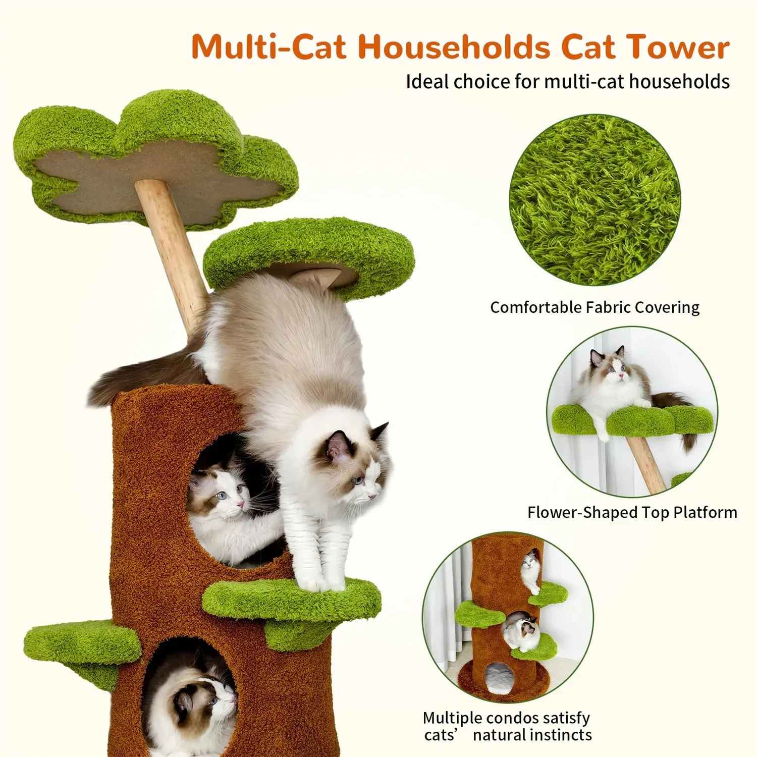 Large Multi-Level Cat Tree Tower in Green & Brown with Plush and Wood Design, 61x148cm โ image 3