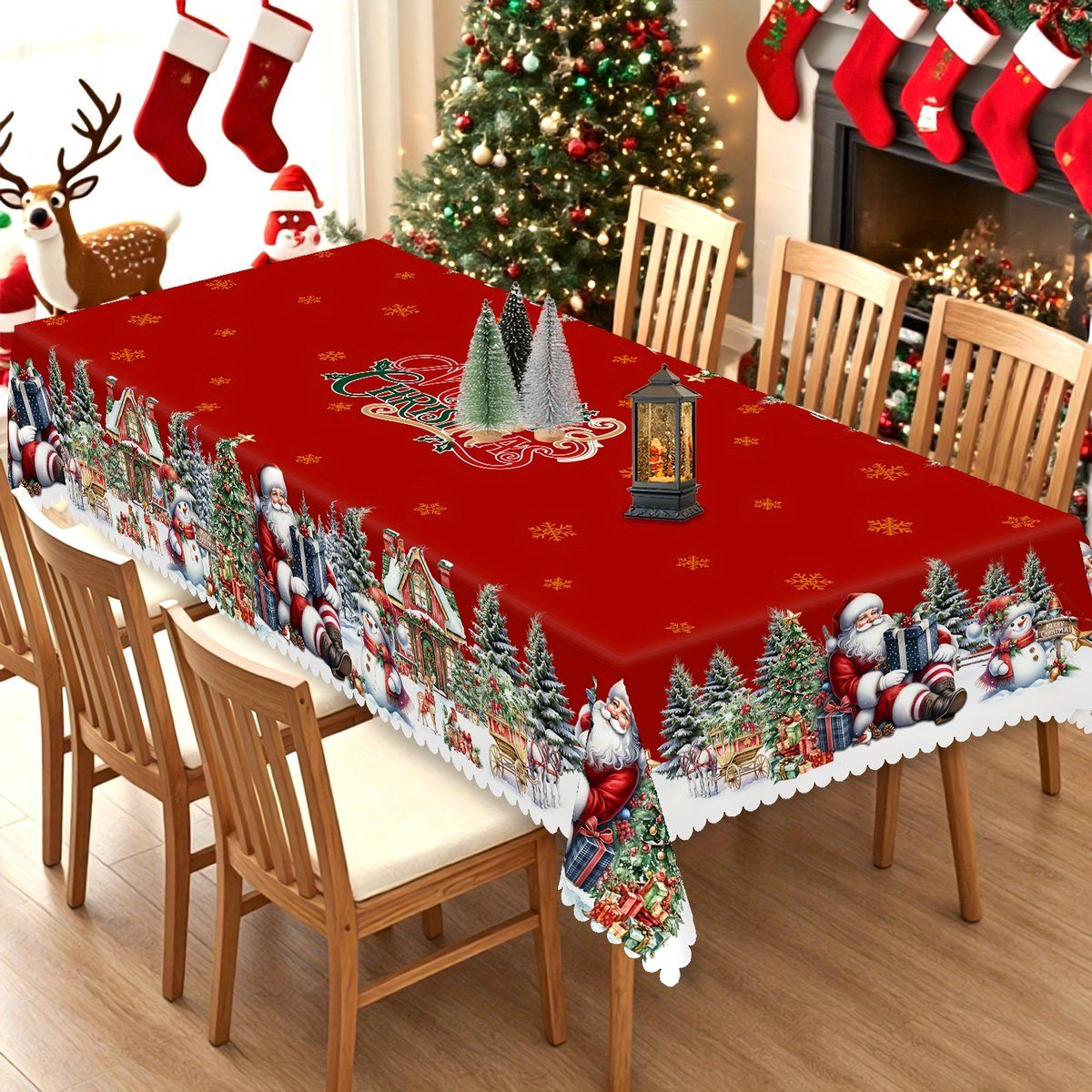 Christmas Tablecloth with Santa, Snowman and Christmas Tree Print, Rectangular Holiday Table Cover for Christmas and New Year, 150 x 220 cm โ image 5