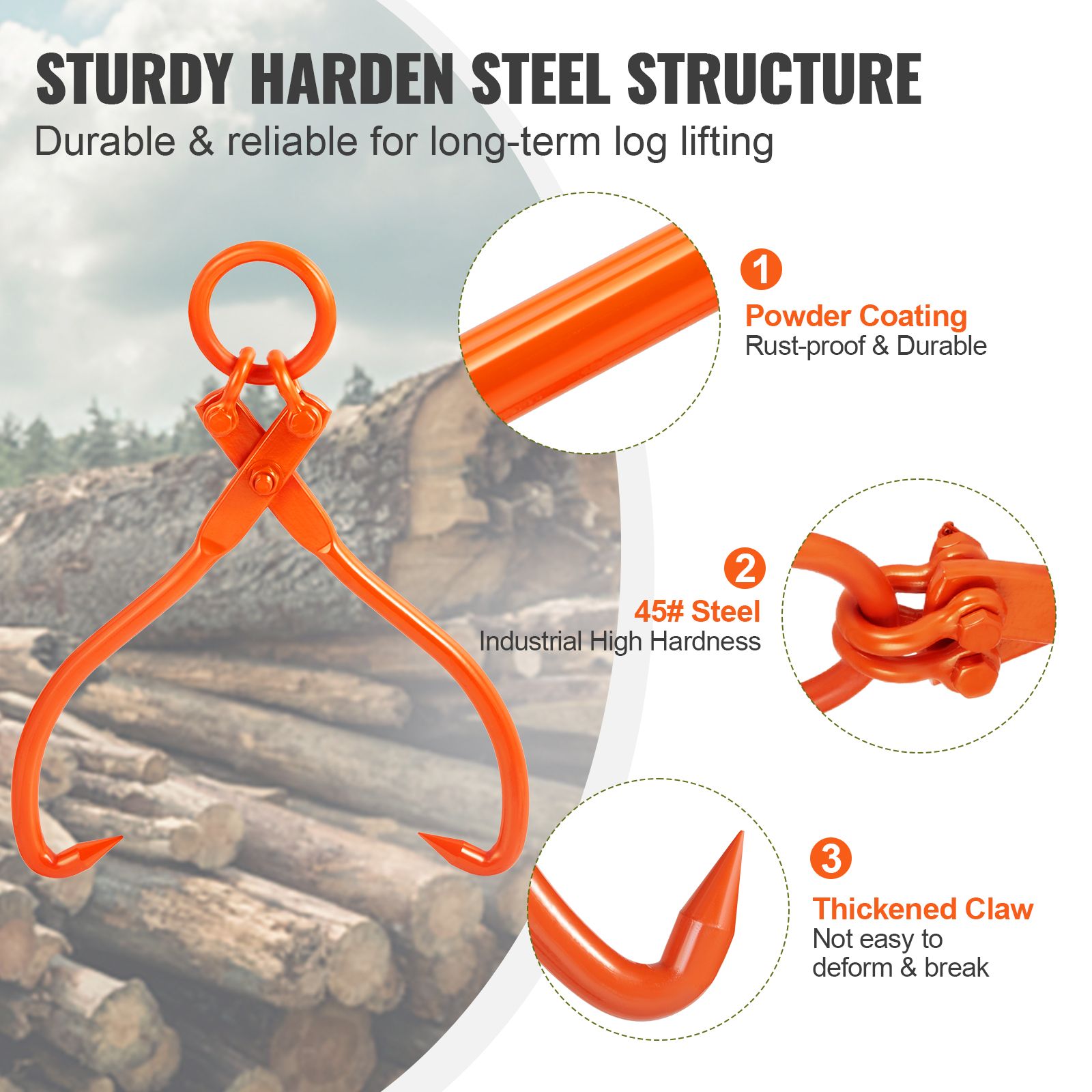 Log Skidding Tongs, 18 inch 2 Claw Log Lifting Tongs, Heavy Duty Steel Lumber Skidding Tongs, 772 lbs/350 kg Loading Capacity, Log Lifting, Handling, Dragging — image 4