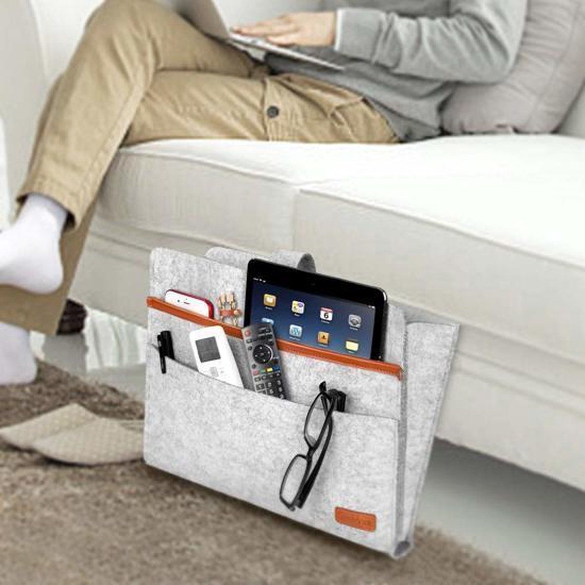 Grey Felt Bedside Caddy with Multiple Pockets, Bed and Sofa Organizer for Tablets, Books and Accessories โ image 3