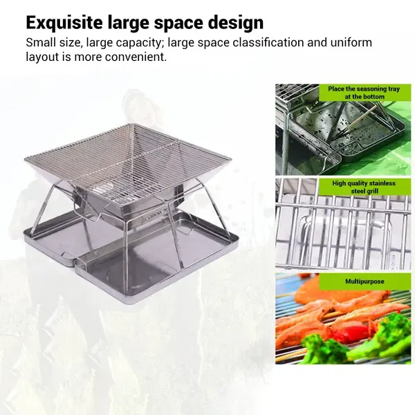 Foldable Stainless Steel Charcoal BBQ Grill with Carry Handle for Camping, Picnics, Beach Trips and Outdoor Cooking, 31 × 22 cm, Silver — image 6