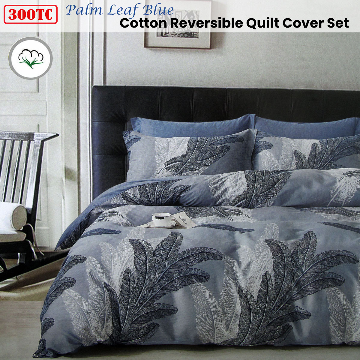 300TC Palm Leaf Blue Reversible Cotton Quilt Cover Set Queen โ image 2
