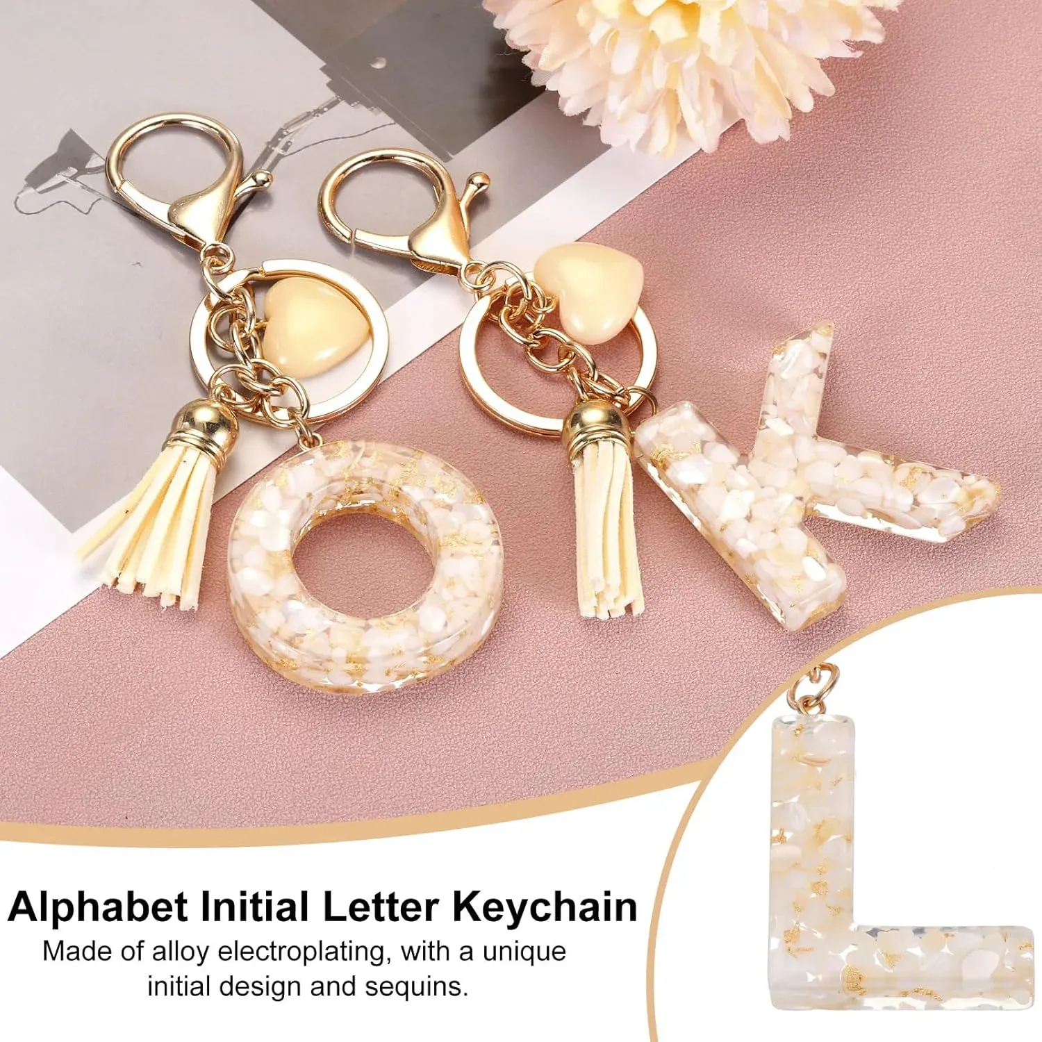 Initial Letter Keychain Charm with Tassel and Lobster Clasp for Bags and Keys, Cream Gold L Pendant, Daily Comfort Use — image 4