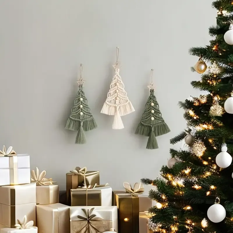 Bohemian woven Christmas tree wall hanging, handmade from pure cotton, accented with wooden beads and tassels, an artistic and healing holiday decoration โ image 2