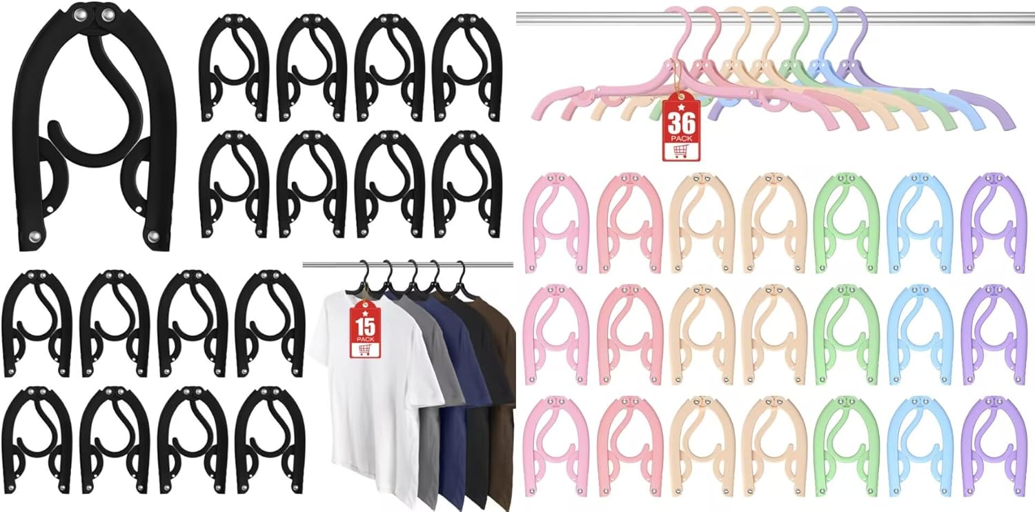15Pcs Black and 36Pcs Multi Travel Hangers Portable Foldable,Plastic Cruise Ship Essentials Travel Accessories Folding Clothes Hangers Clothes Drying Rack for