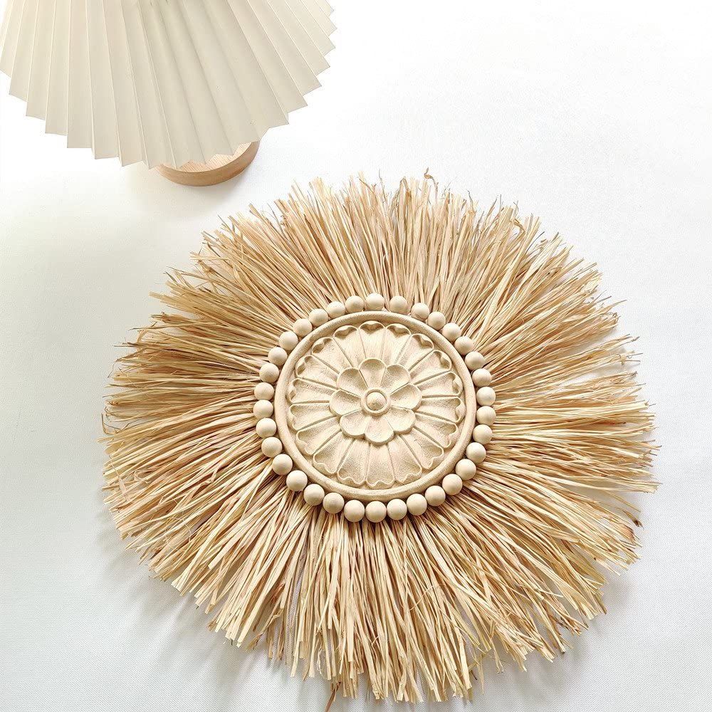 Boho Handmade Woven Straw Wall Decor Moroccan Wood Beads Wall Hanging Ornament Round Home Decoration for Living Room β image 3