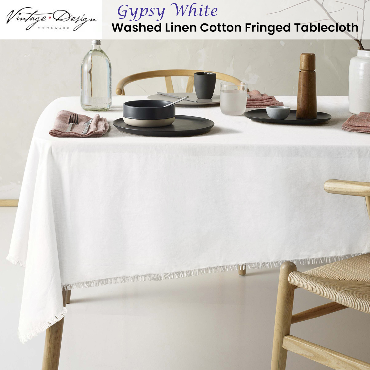 Vintage Design Homewares Gypsy White Fringed Washed Linen Cotton Tablecloth 150cm x 275cm — image 2