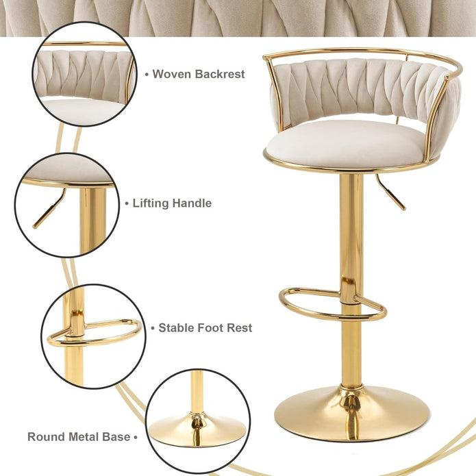 SERENITà Golden Swivel Upholstered Velvet Adjustable Height Counter Stool with Metal Frame Ivory (Set of 2) — image 6