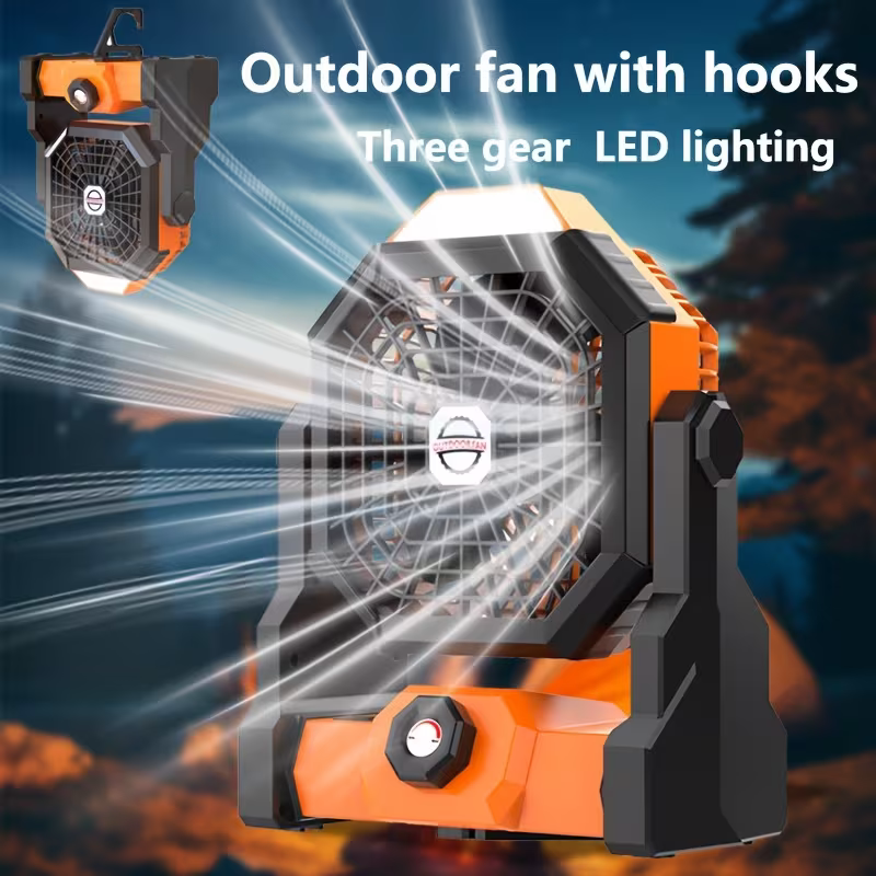 A portable outdoor camping fan with adjustable brightness, LED light strip hook, USB rechargeable, built-in 7800mAh battery for long battery life — image 4