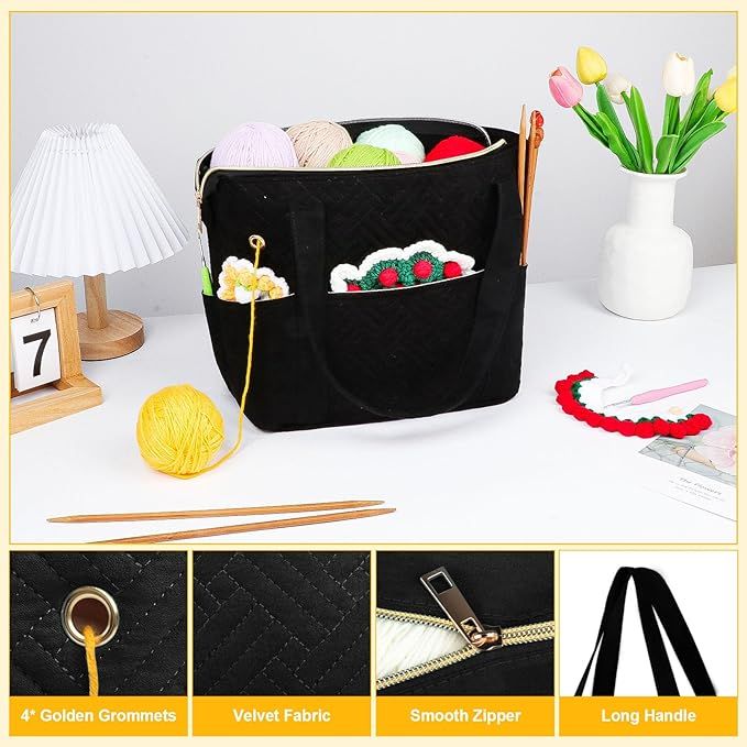 Crochet Bag Organizer for Yarn Storage, Velvet Knitting Tote Bag with Double Handle for Crochet Accessories, Portable Travel Case for Yarn Balls, Crochet — image 5