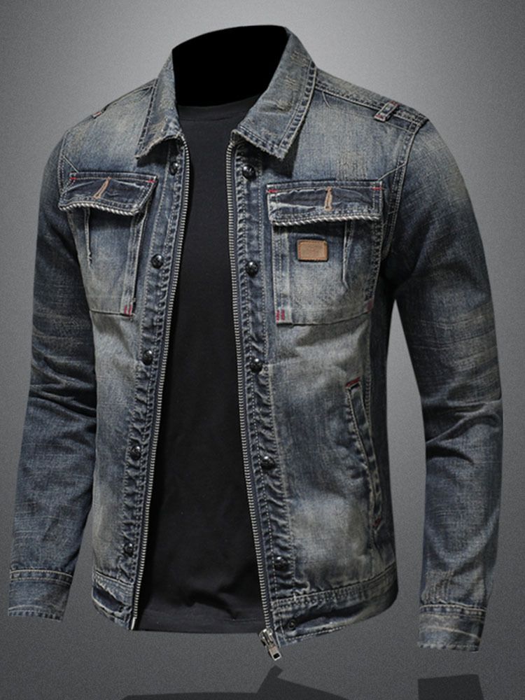 Men Denim Jacket Vintage Wash Cotton Long Sleeve Blue XL Size: XL; Height (cm): 175-180; Weight (kg): 75-85; Bust (cm): 108; Shoulder width (cm): 46; Length โ image 3