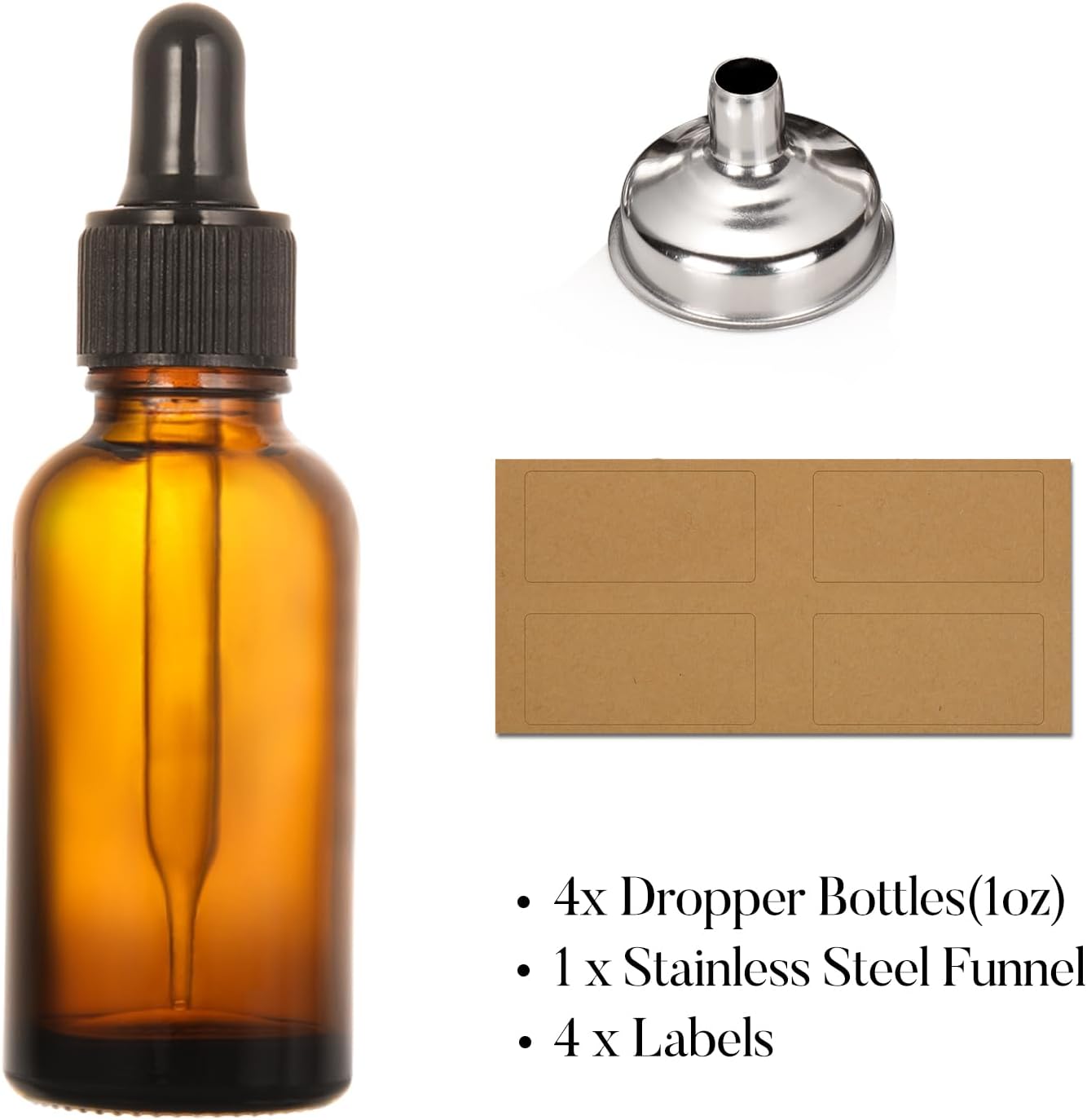 4 Pack, 1 oz Thick Dark Amber Glass Dropper Bottles with 1 Funnels & 4 Labels - 30ml Tincture Bottles with Eye Dropper - Leakproof Essential Oils Bottle โ image 3