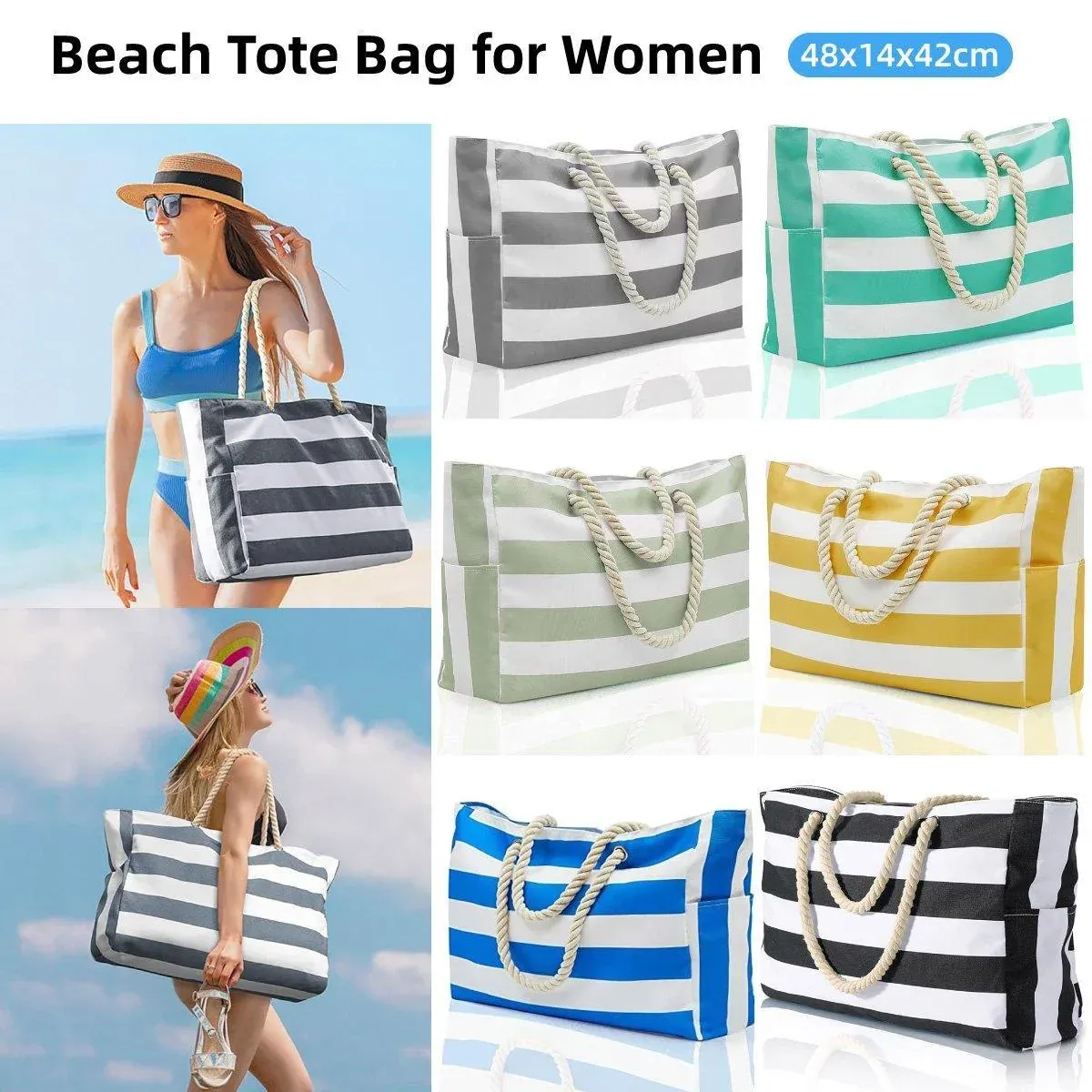 Large Bohemian Striped Canvas Beach Bag Zipper Tote for Travel Outdoor Vacation - Matcha β image 2