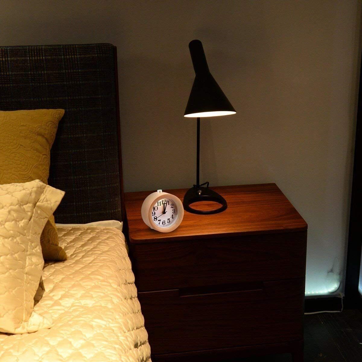 Wood Analog Alarm Clock - Round Battery-Operated Non-Ticking Clock with Snooze Button and Light - Light Brown — image 3