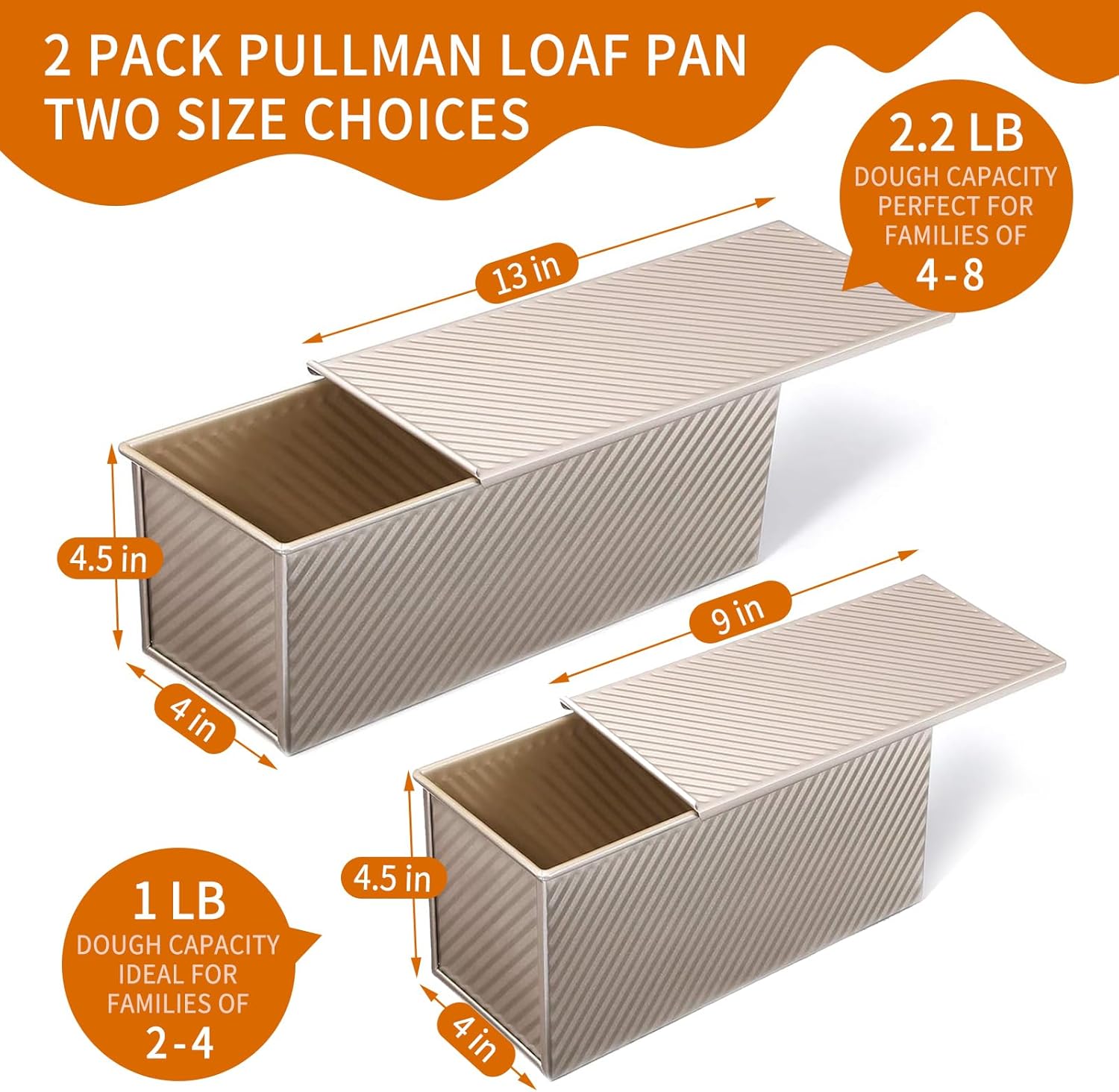 2 Pack Pullman Loaf Pan with Lid, 13x4 & 9x4 inch (2.2 lb & 1 lb Dough Capacity), Non-Stick Sandwich Bread Loaf Pan for Homemade Baking Bread, Gold — image 2
