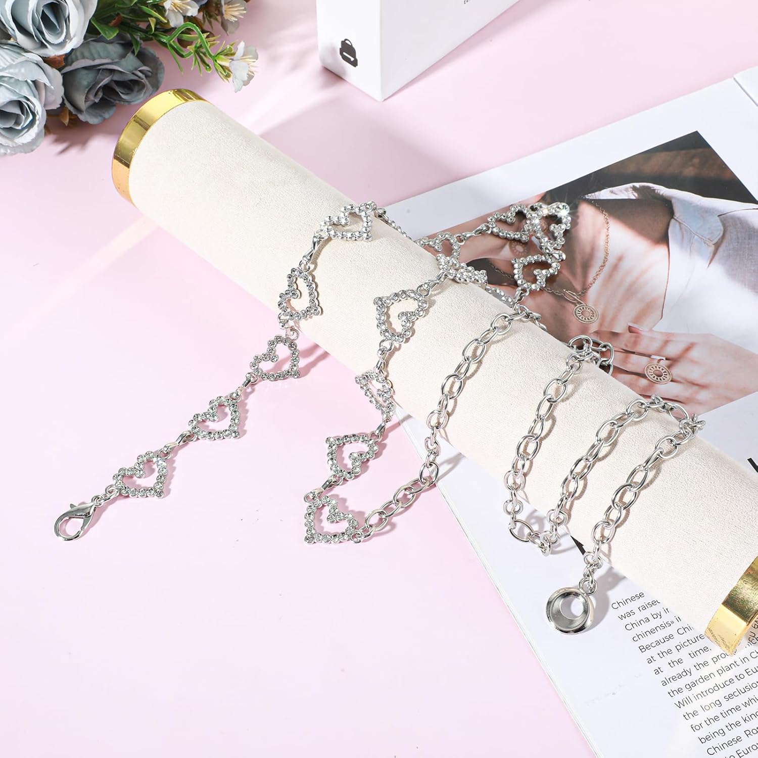 Xindojuz Heart Chain Belts for Women, 48" Fashion Waist Chain Rhinestone Flower Girls Belt, Adjustable Metal Body Belly for Dresses Jeans Bikini Jewelry Heart — image 6