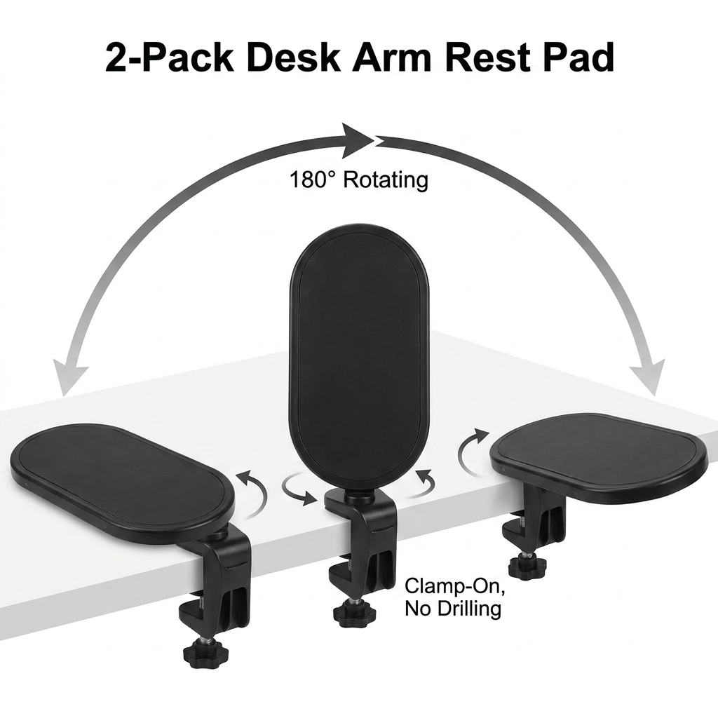 4-Piece Black Ergonomic Desk Arm Rest & Wrist Support Set with 2 Pack Clamp-On 180° Rotating Arm Rests + Memory Foam Keyboard Wrist Rest + Mouse Wrist Pad — image 2