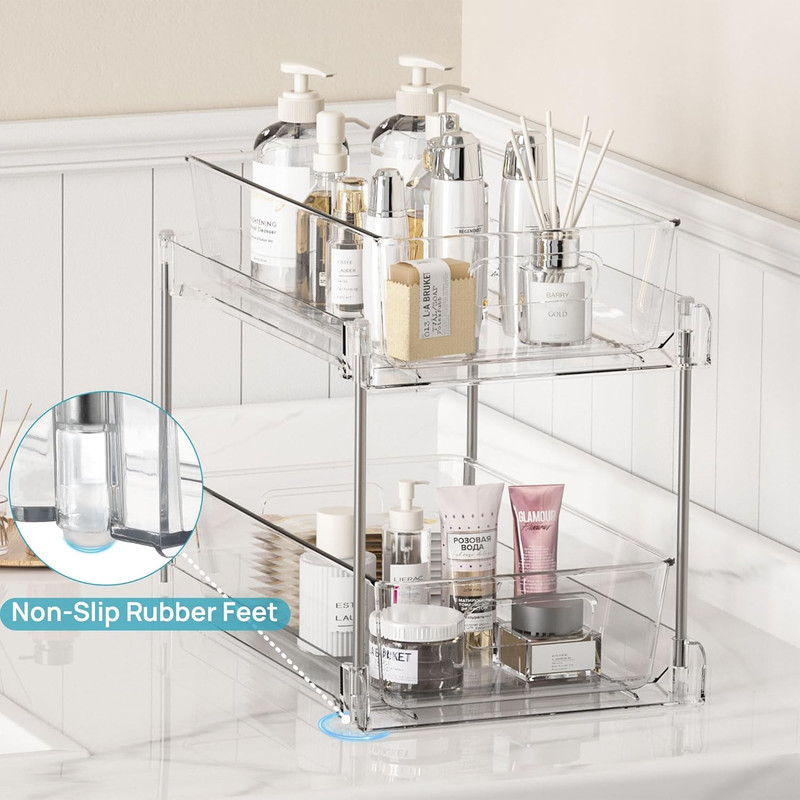 2 Pack Bathroom Organizer, 2 Tier Clear Under Sink Organizers Vanity Countertop Storage Container, Cabinet Drawers Bins, Pull-Out Organization with