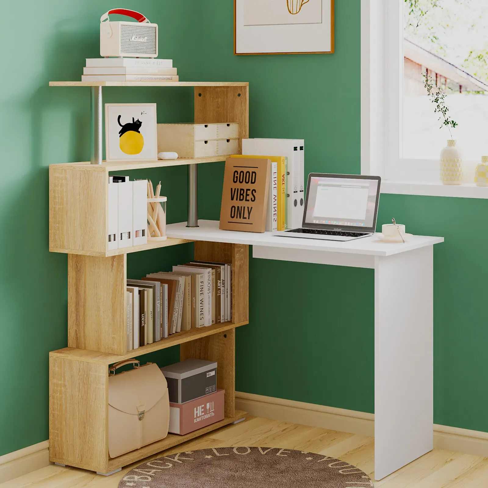 Adjustable Computer Desk with Storage Shelving in White Jointed Oak, 131 × 86 × 106cm