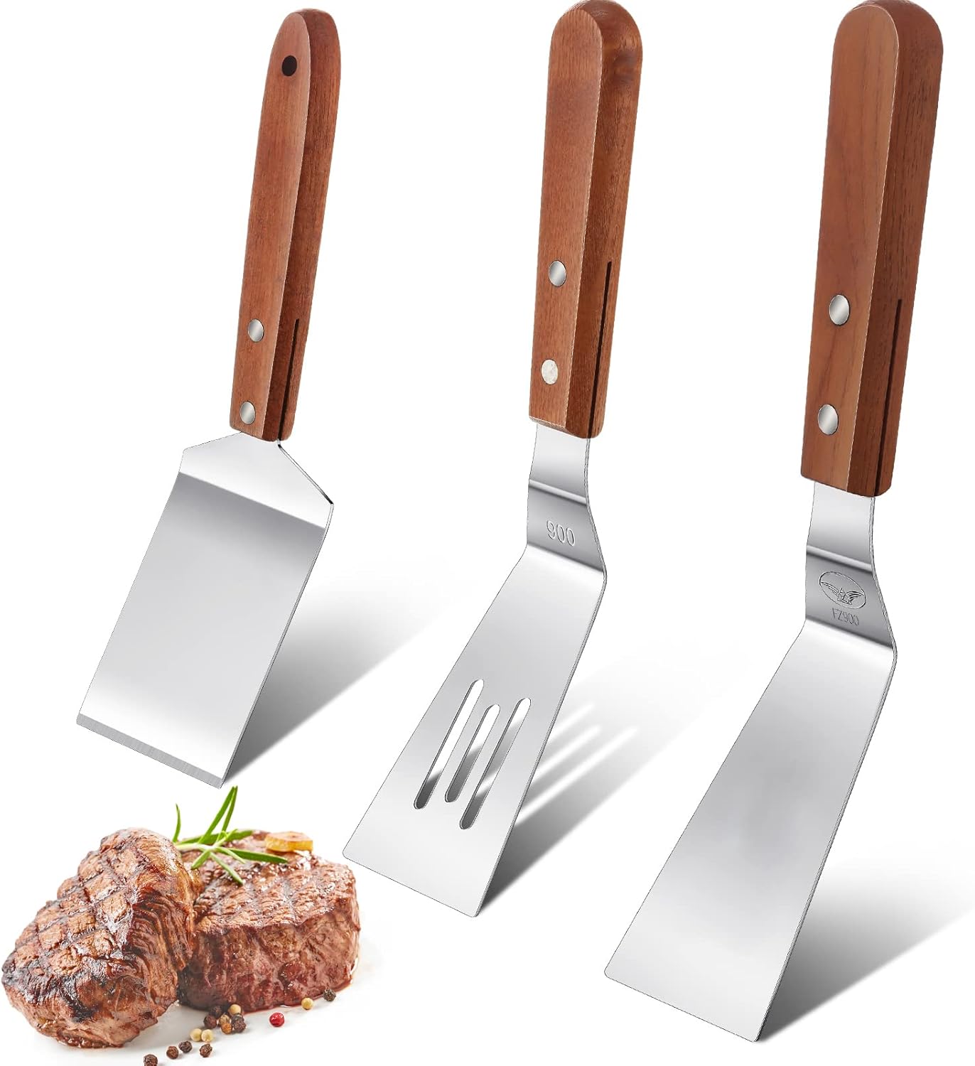 3 Pieces Stainless Steel Cooking Spatula Set Flat Top Metal Spatula Stainless Steel Wire Cheese Cutter Tool Slotted Spatula with Wooden Handle for Grilling