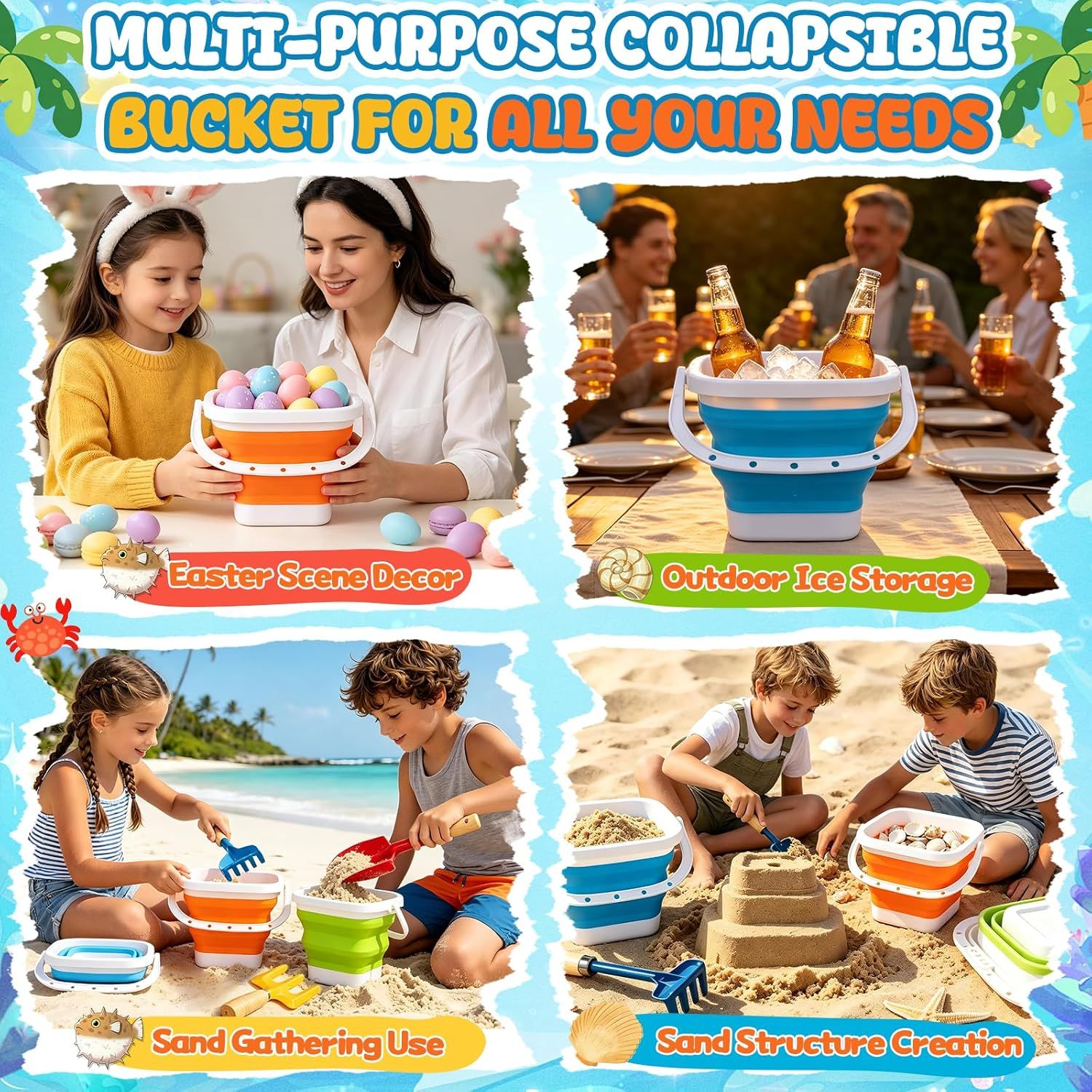 Collapsible Beach Bucket with Metal Shovels Set, Beach Toys Gifts for Adults, ABS Foldable Pails for Pool, Camping, Easter Party, Fishing, Summer Winter β image 5
