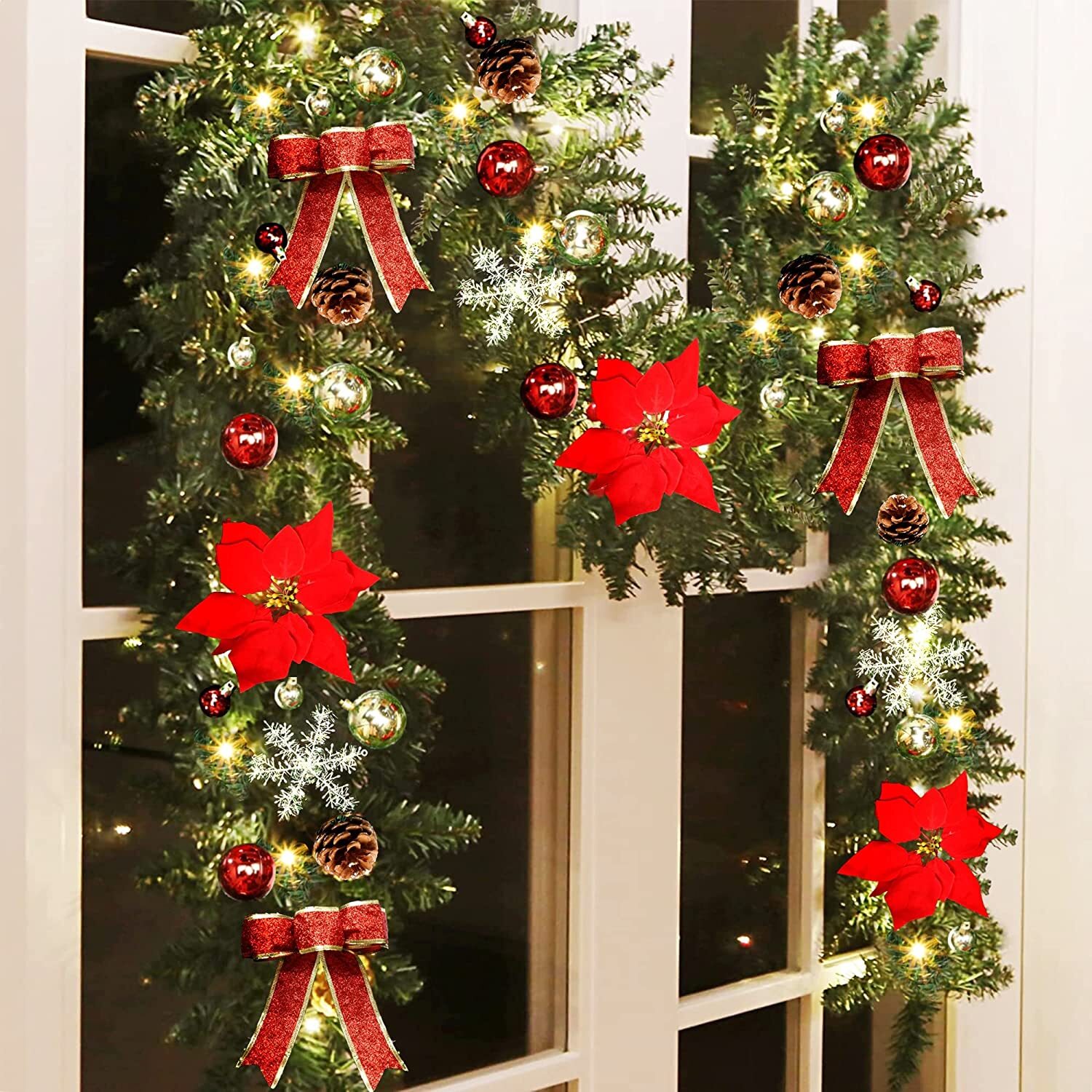 RED 9FT Xmas Christmas Garland Artificial Wreath with LED Lights Stairs Home Rattan — image 4