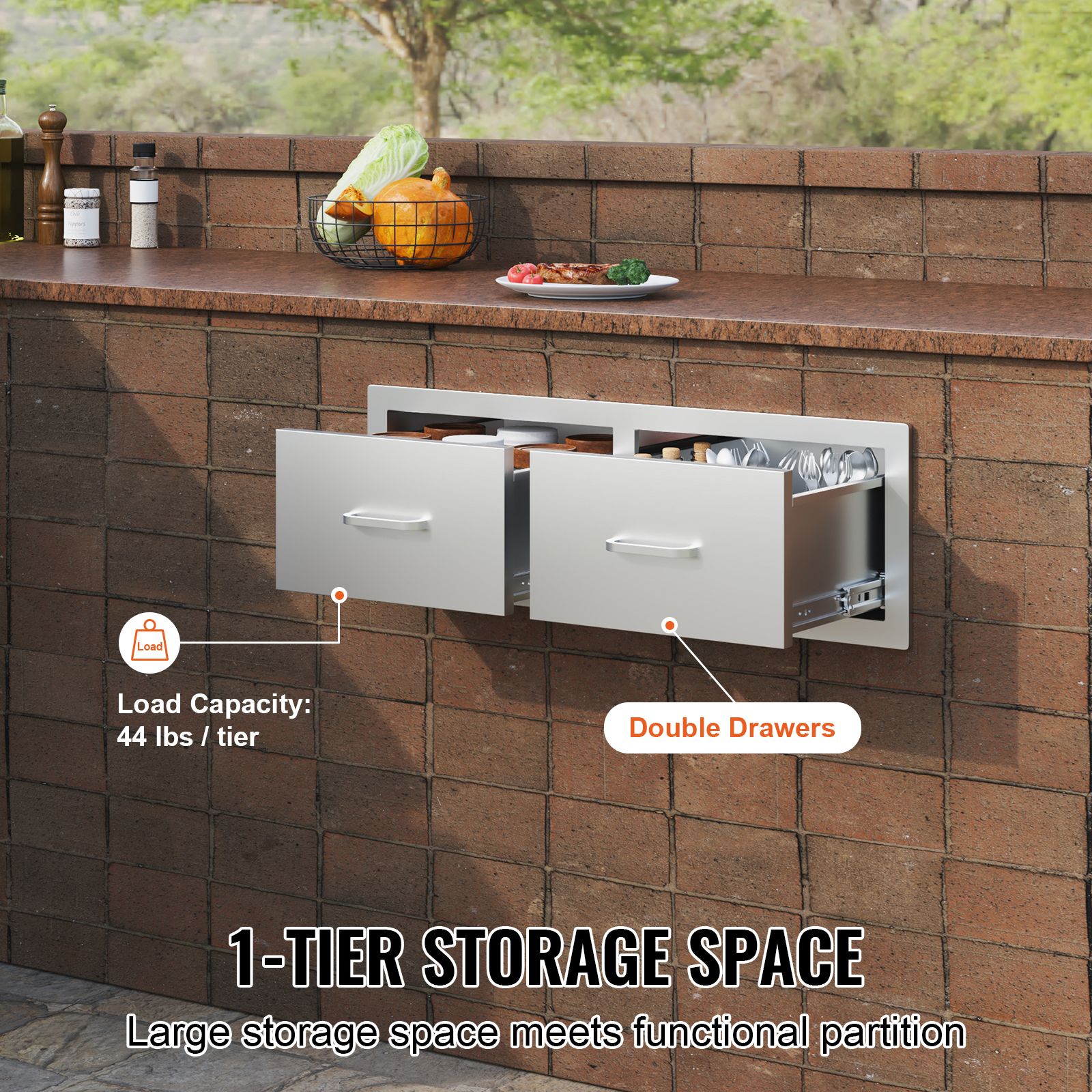 Outdoor Kitchen Drawers 30" W x 10" H x 20" D, Horizontal Double BBQ Access Drawers Stainless Steel with Handle, BBQ Island Drawers for Outdoor Kitchens or — image 3