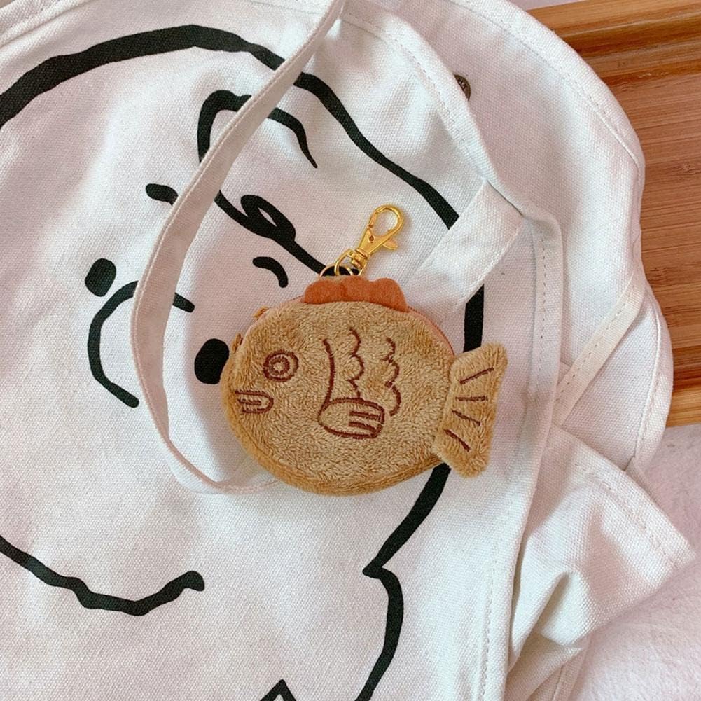 1Pc Brown Cute Plush Coin Purse Keychain, Mini Wrist Purse Bag, Japanese Creative Adjustable Soft Taiyaki Coin Pendant With Zipper Plush Pouch for Girl Women's