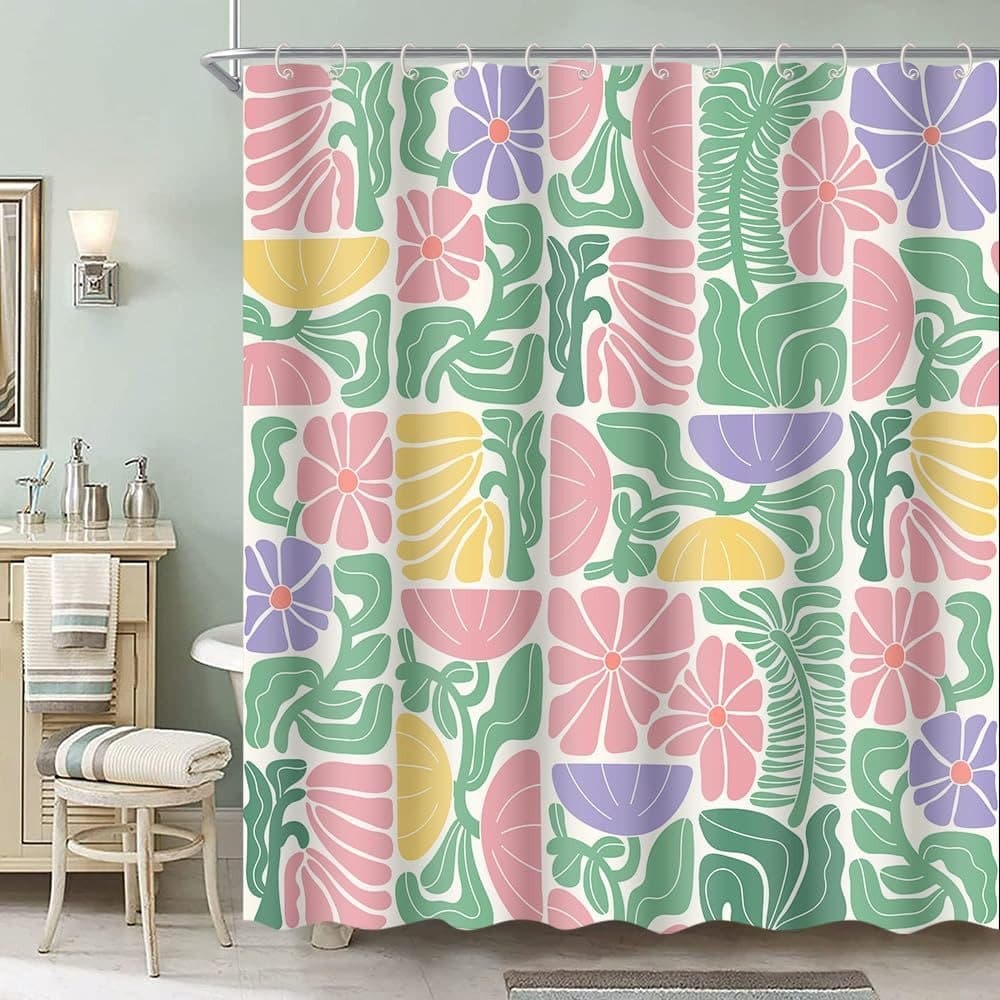 Bohemian Shower Curtain 180 × 180 cm, Multicolored Abstract Floral Pattern Retro Patchwork Geometric Plants, Includes 12 Hooks — image 2