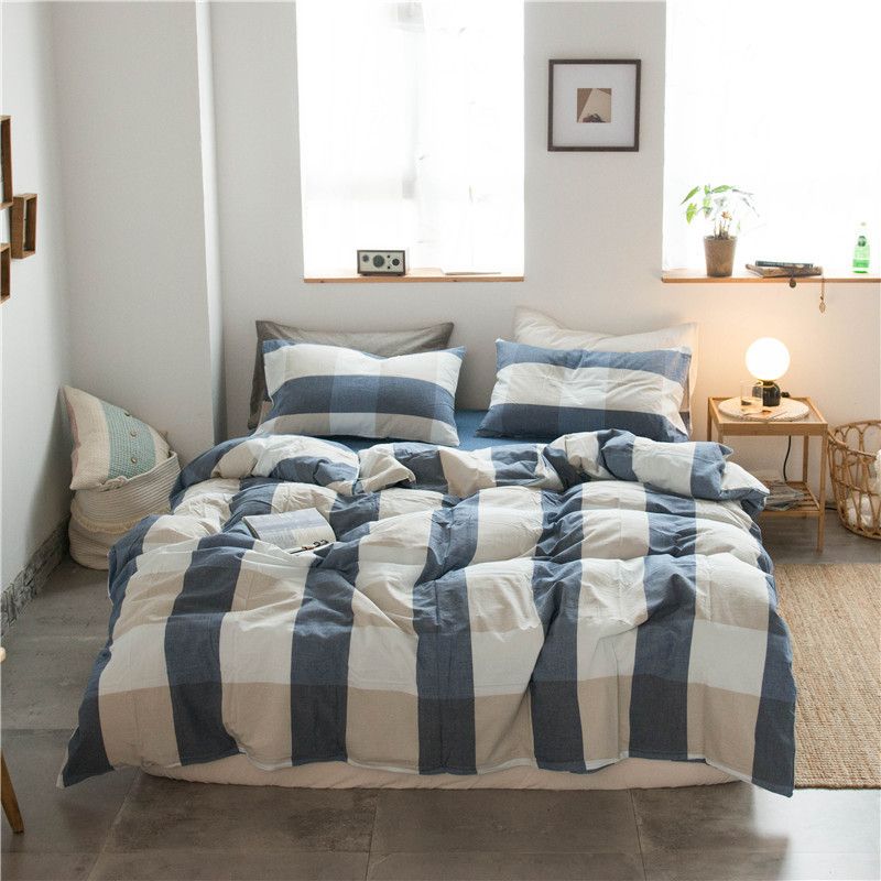 Cotton 4 Piece Set Modern Minimalist White Bed sheet kit_1.5m bed-quilt cover 200 × 230cm (four-piece set)