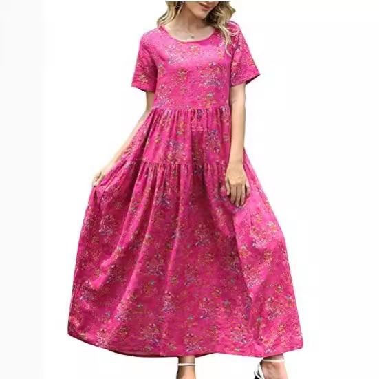 Women Floral Long Dress Short Sleeve Polyester Picture Color 14 M Size: M; Height (cm): 160-165; Weight (kg): 50-55; Bust (cm): 86-90; Waist (cm): 70-74 โ image 4