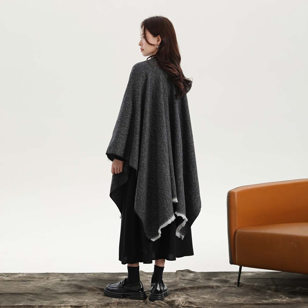 Black and White Elegant Soft Knit Poncho Cape - Warm Autumn Winter Shawl Wrap with Side Tie, Thick & Luxurious Feel — image 4