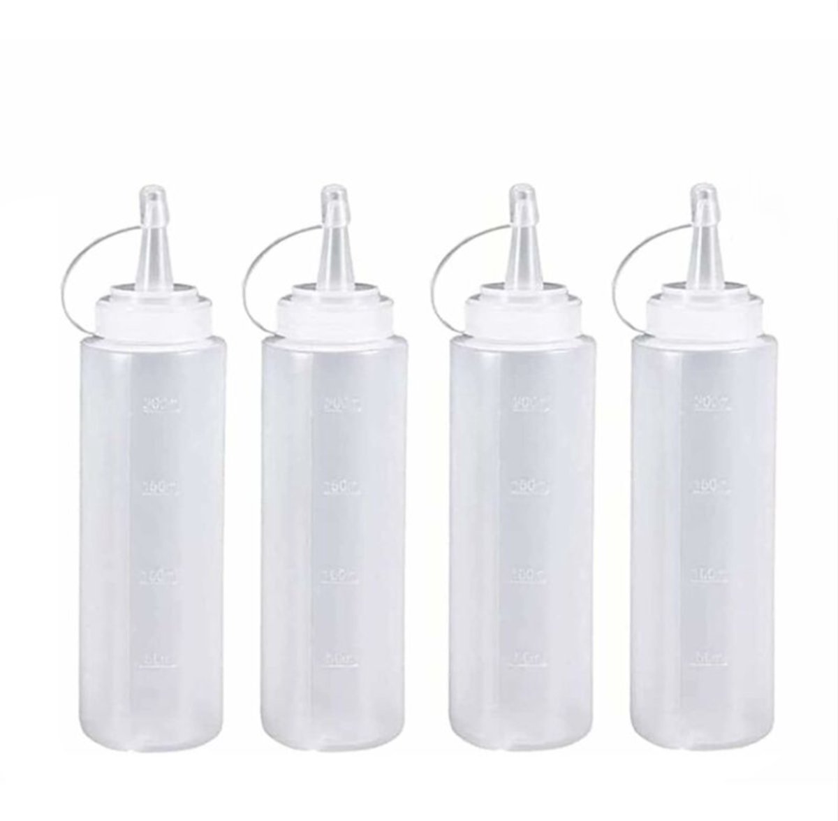 4 pieces - 200 ml - Dosing bottle - Squeeze bottle - Sauce bottle - Garnish bottle - Plastic - White - with spout cap - Leak-proof lids - With check