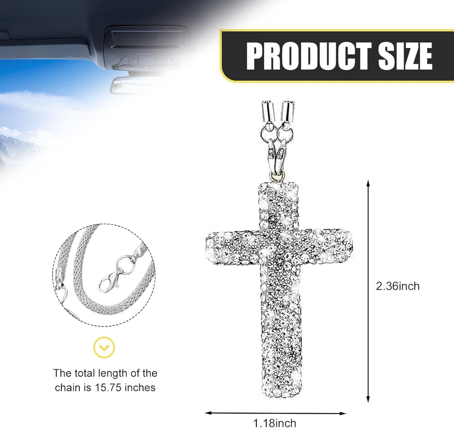 Car Hanging Ornament, Bling Cross Faith Pendant, Rhinestones-Embedded Rust-Proof Hip Hop Rearview Mirror Decoration Charm, Universal Personality Interior — image 3