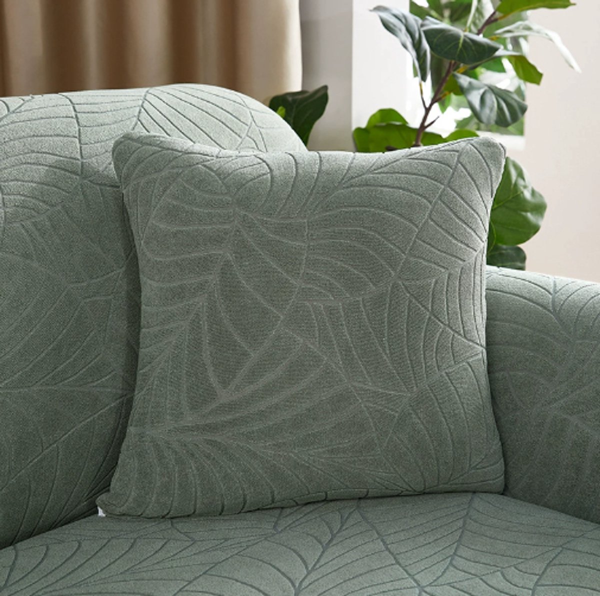 Waterproof cushion cover 45 × 45 - set of 2 cushion covers - Grass green jacquard leaf pattern