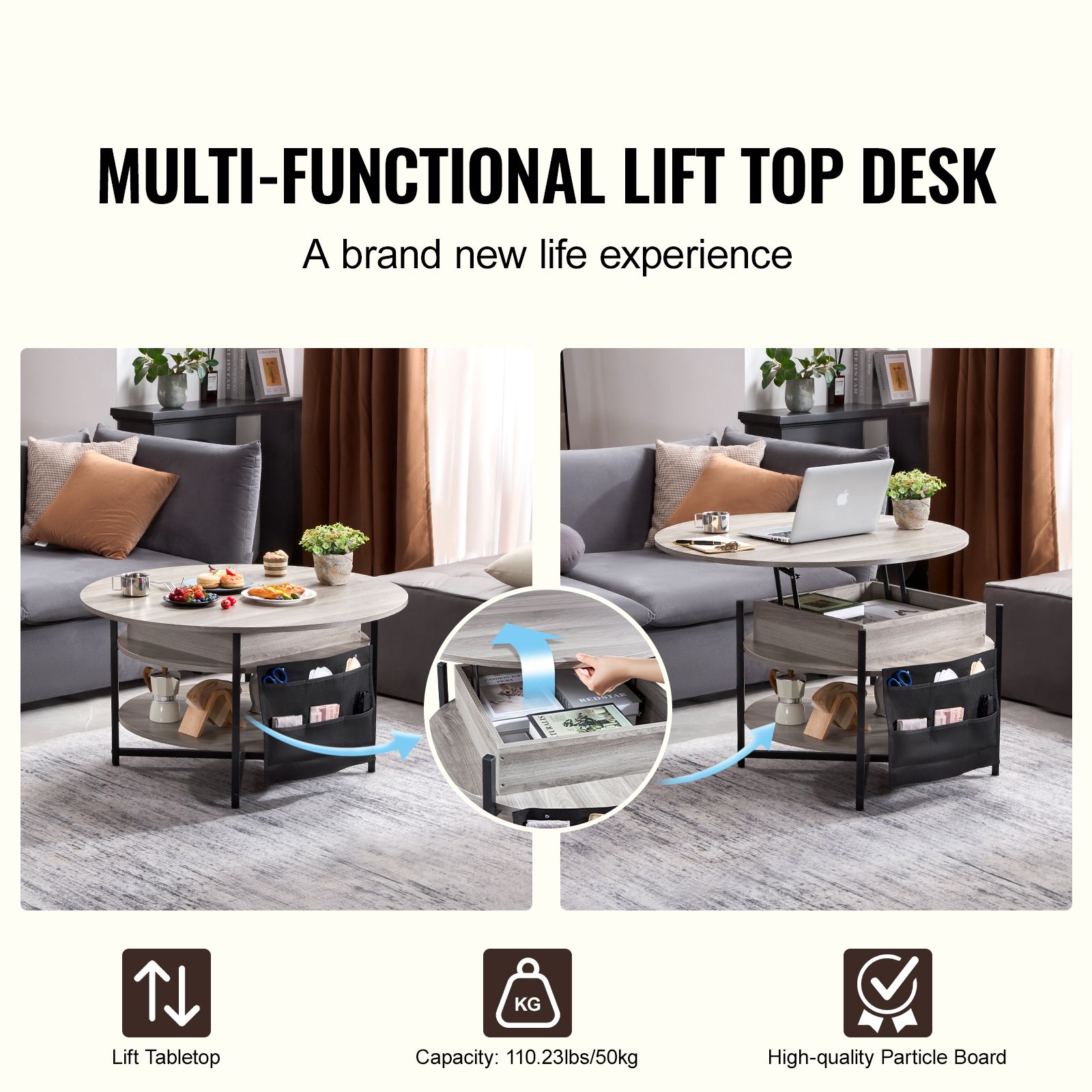 Lift Top Coffee Table 35.3" Round Coffee Table for Living Room White โ image 2