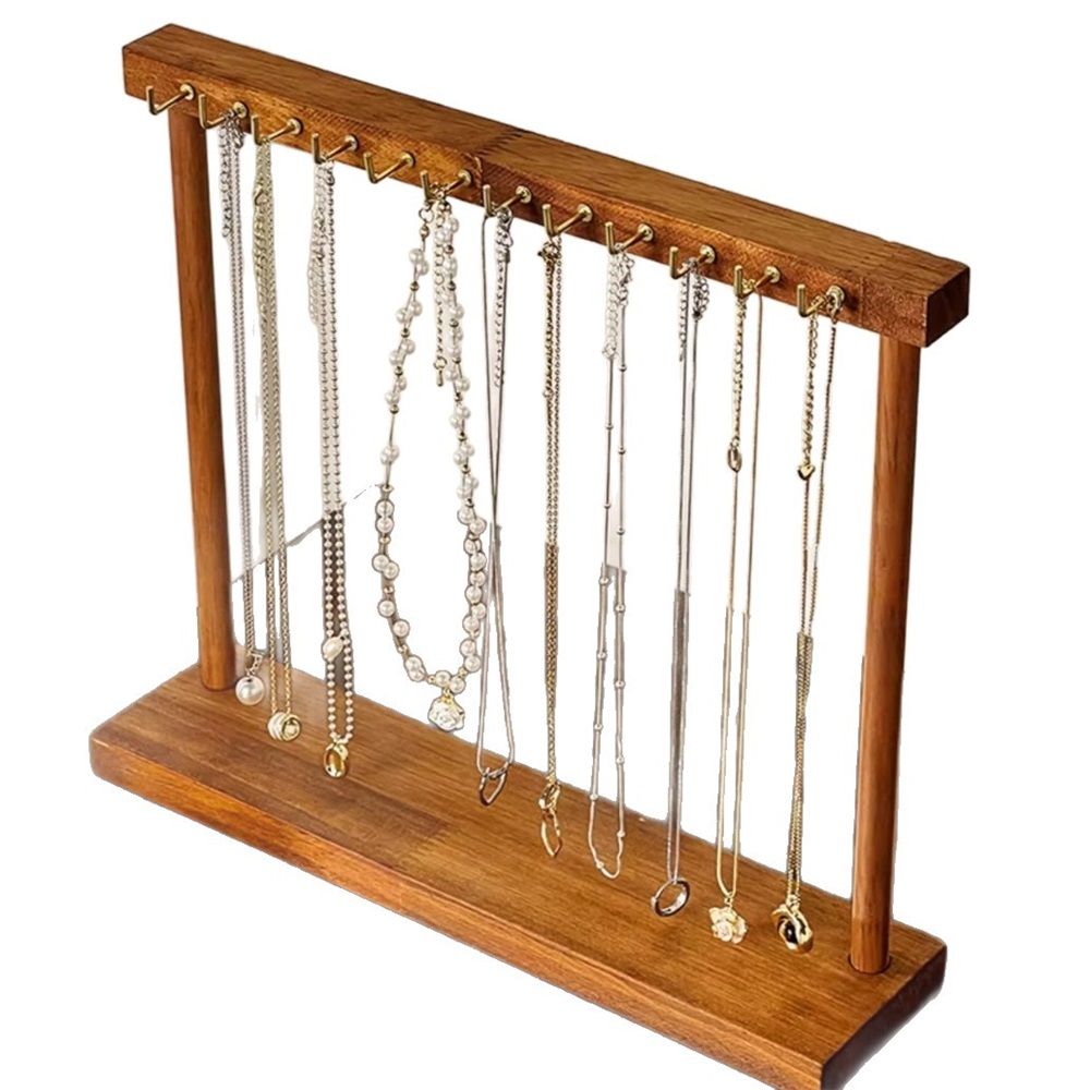 necklace hanger shelf with 12 copper bars, Wooden jewelry storage organizer rack for hanger necklace bracelet, necklace display stand for boutique store
