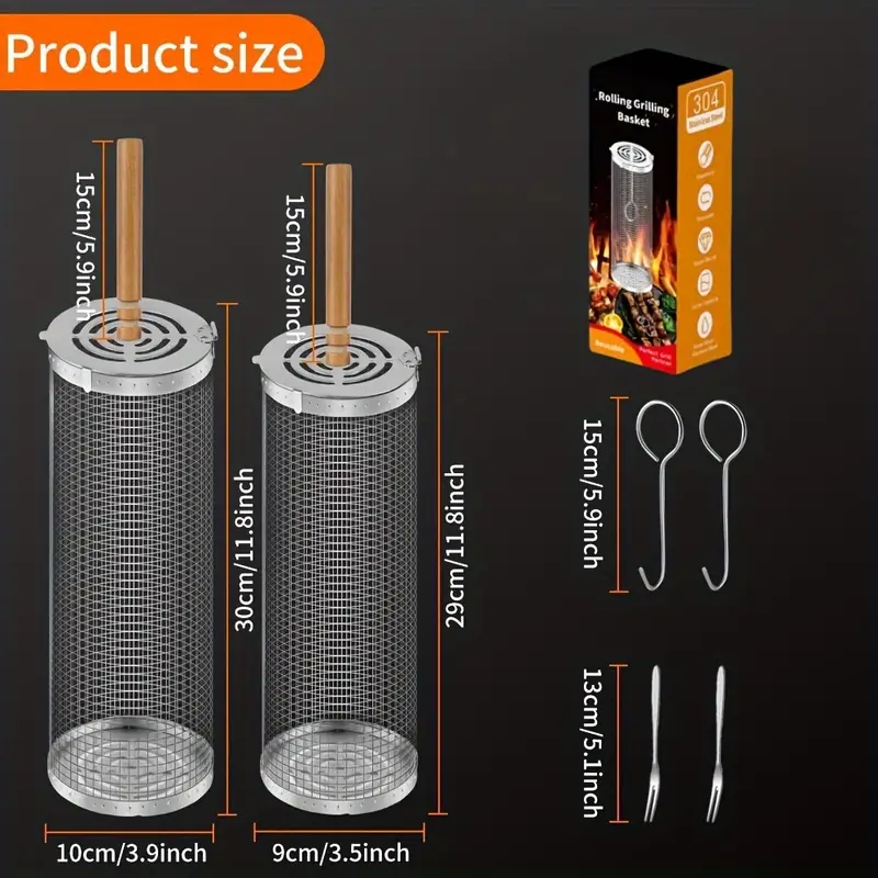 2-Pack Stainless Steel Rotating Grill Baskets with Removable Wooden Handle – Durable 304 Mesh for Veggies, Prawns & More – Perfect for BBQ, Camping & Outdoor — image 4