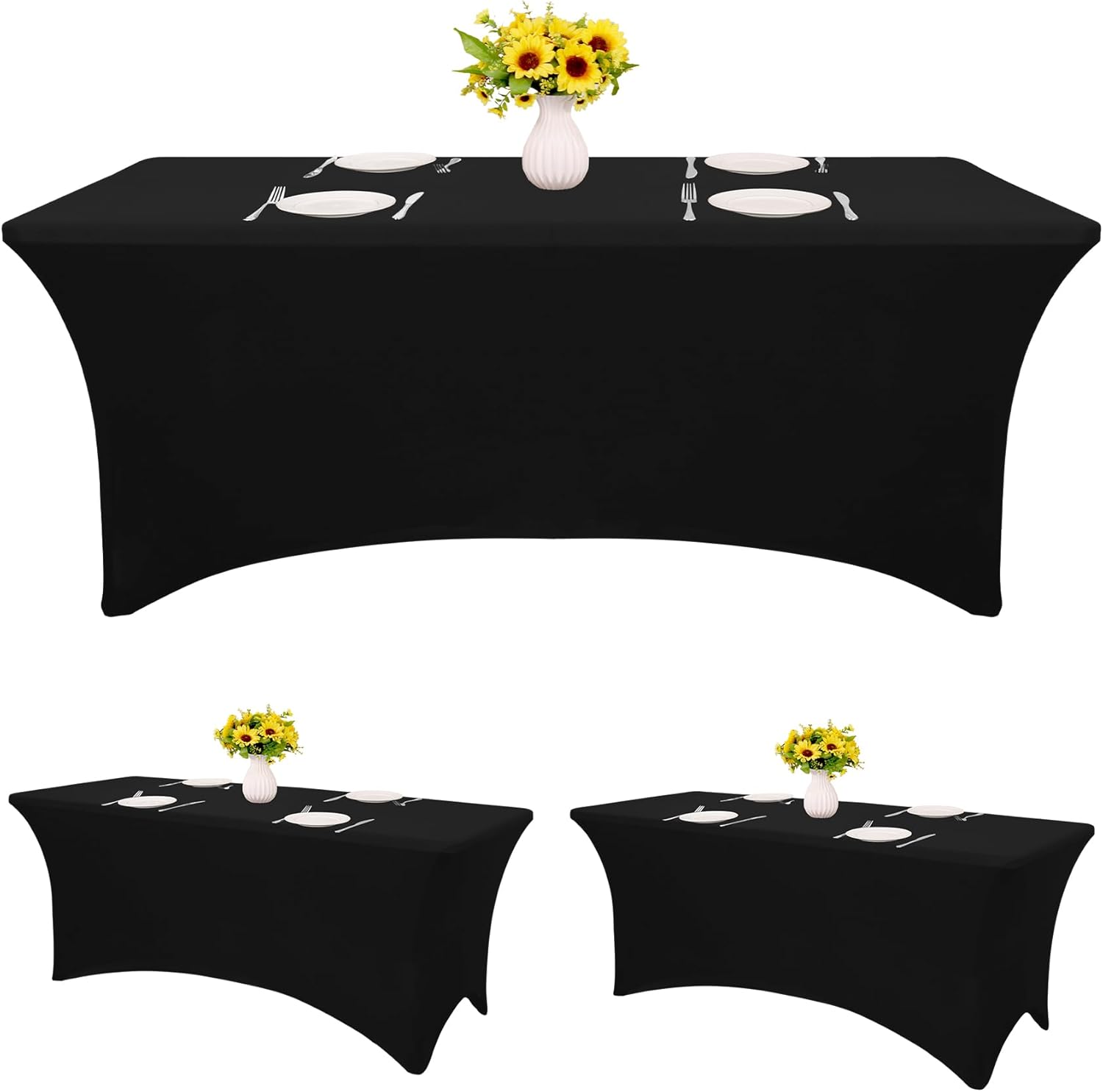 3 Pack Table Cloth 6ft Black Tablecloths for Rectangle Folding Table Spandex Fitted Stretch Cover Wrinkle Resistant Washable Protector for Party, Wedding