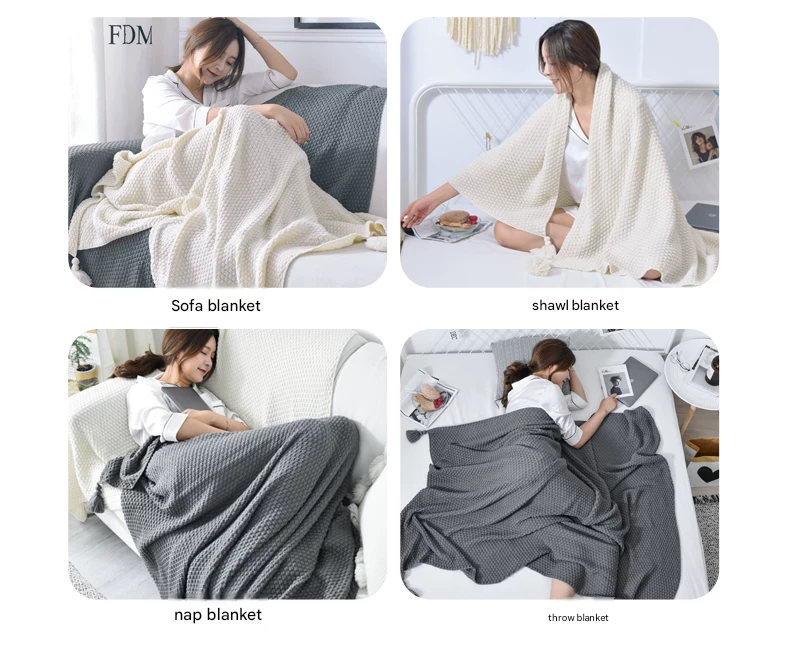 Grey 150 × 200cm Nordic Style Tassel Knit Throw Blanket - Soft Polyester Sofa Blanket with Pineapple Texture - Breathable & Lightweight for Office, Couch — image 6