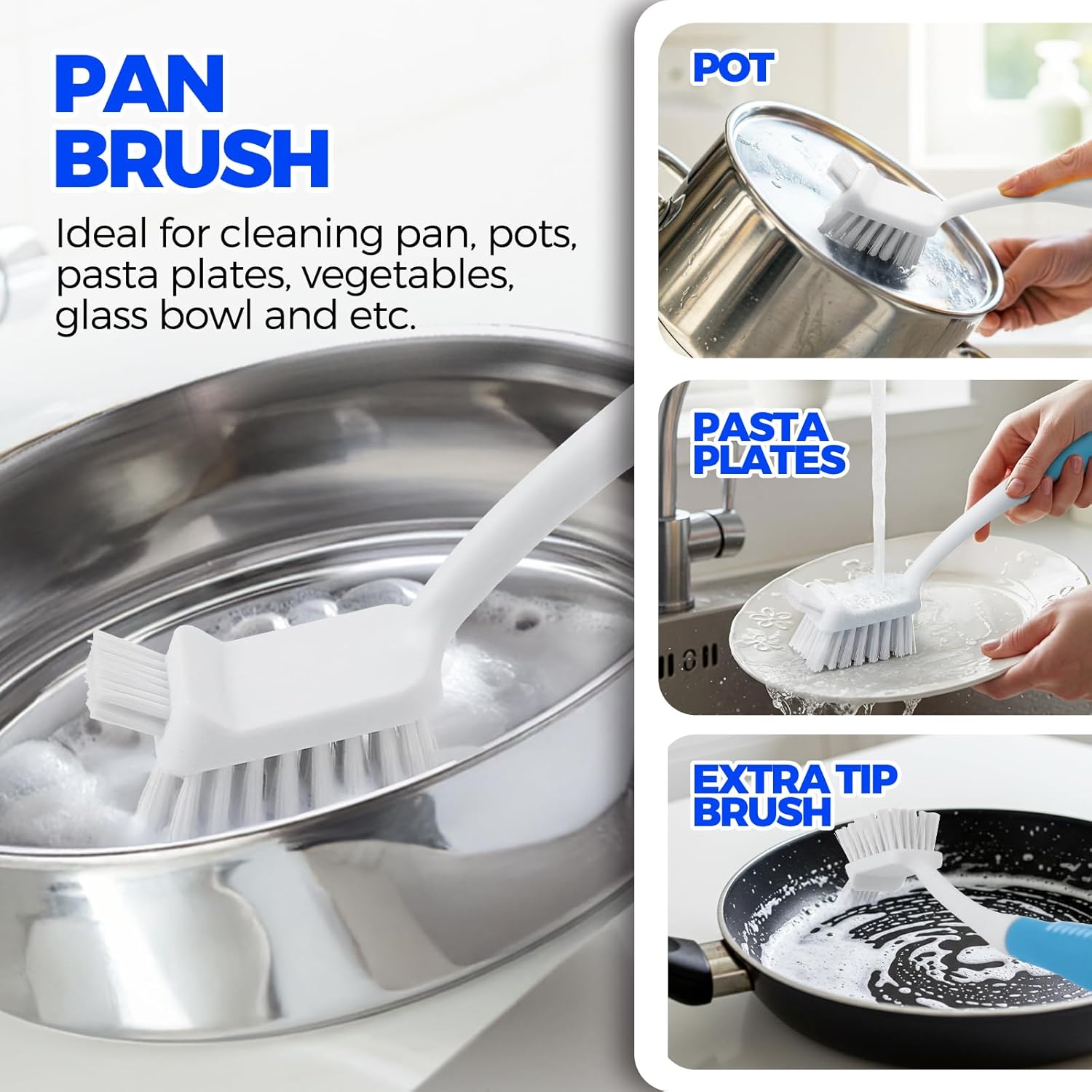 6 Pack Dish Brush Set with Bottle Brush, Scrub Pan and 3 Straw Brushes, Deep Cleaning Handle Scraper Tip for Kitchen Sink Dishes Cup Pot Pans (Blue) โ image 3