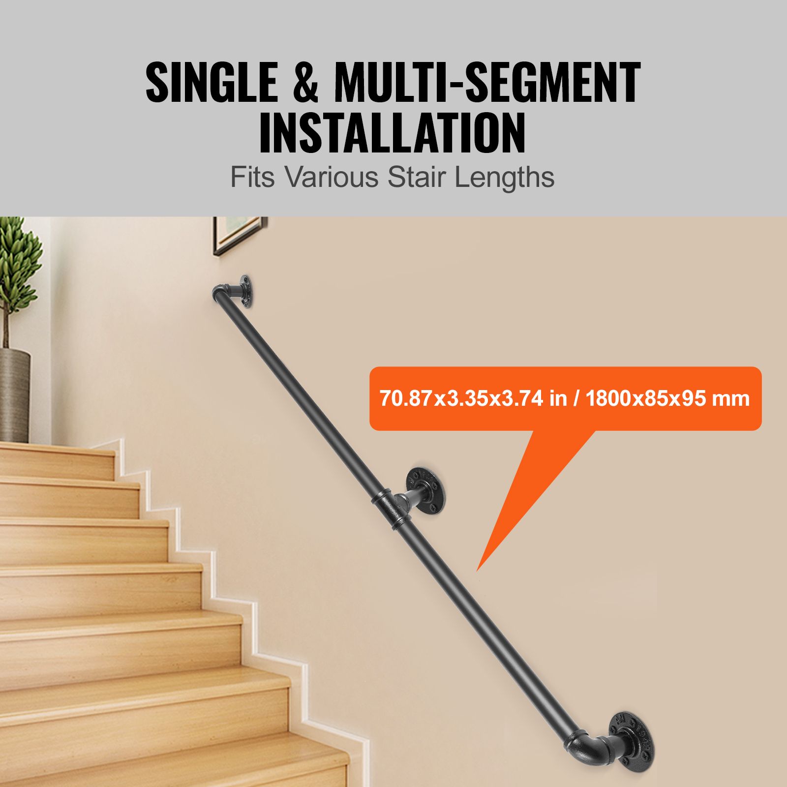 Pipe Stair Handrail, 1.8m Staircase Handrail, 200KG Load Capacity Carbon Steel Pipe Handrail, Industrial Pipe Handrail with Wall Mount Support, Round Corner โ image 4