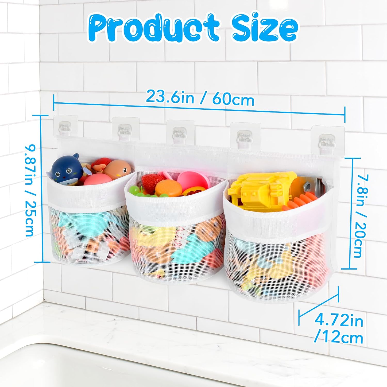 Bathroom Storage Bag with Three Compartments - Bath Toy Organizer - 23.8x9.8x4.7 Inch - White — image 3