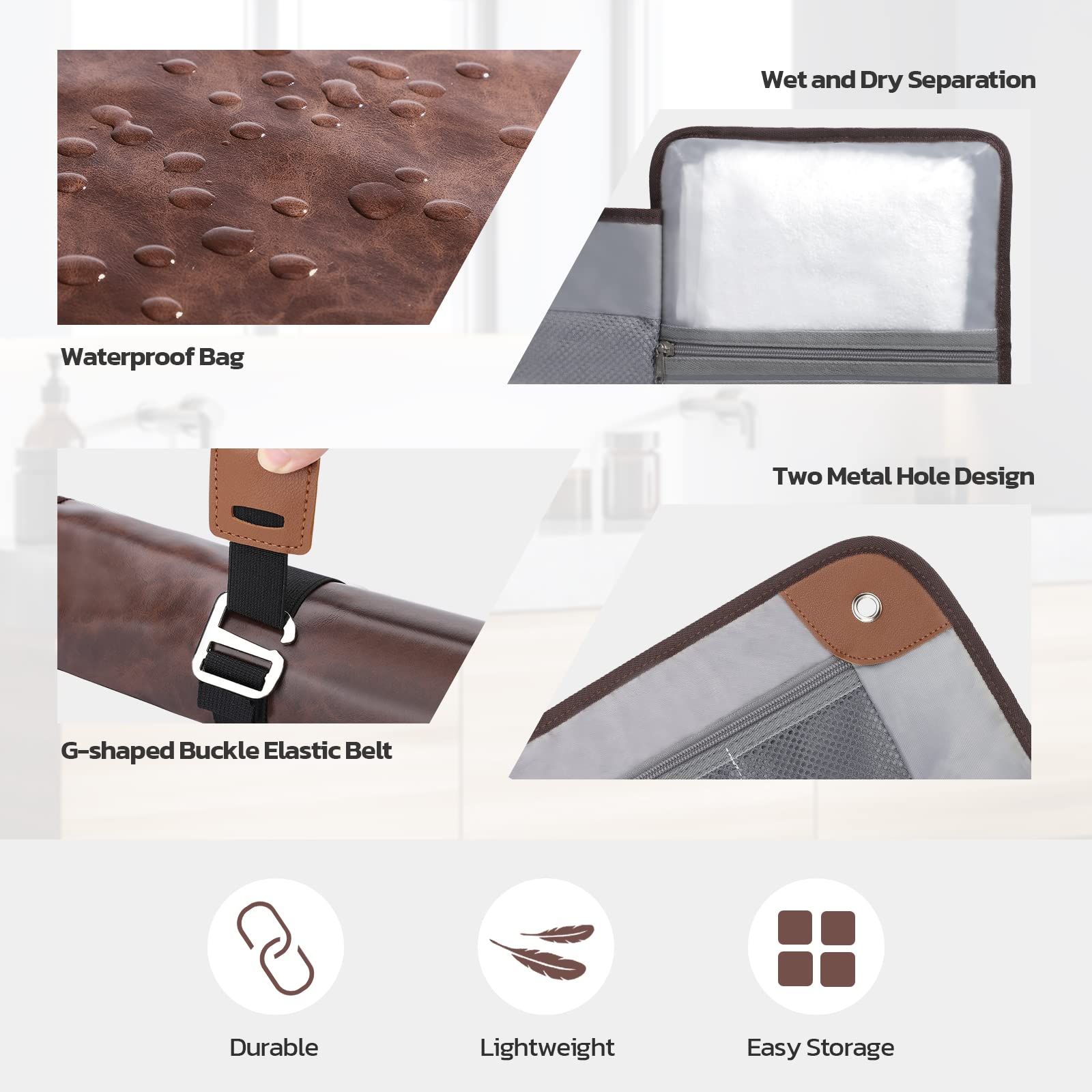 Toilet bag travel set, waterproof bathroom roll storage bag, used for shaving kit, toiletries accessories Shaving kit, Gifts for men(light brown) — image 3