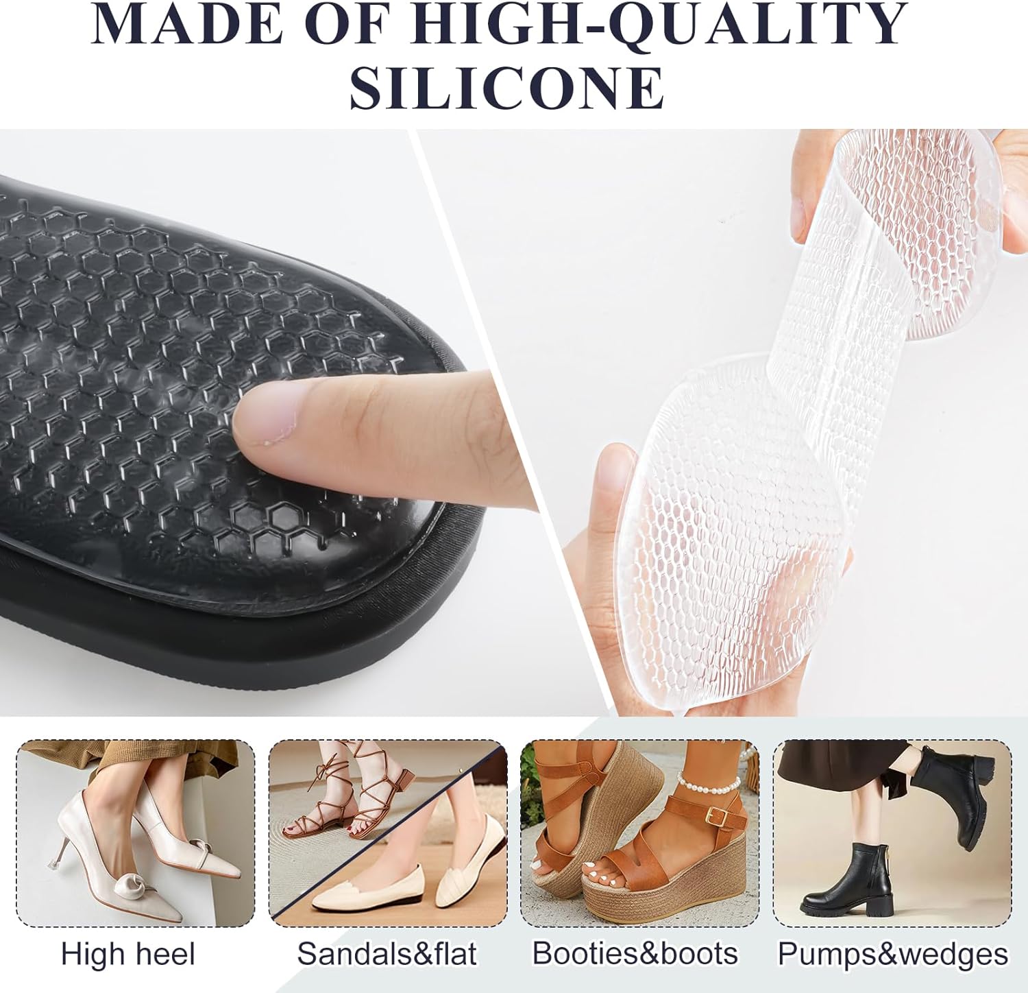 2 Pairs High Heel Inserts Women, Self-Adhesive Gel Sandal Inserts Insoles, New Anti Slip Design Comfort Insert, 3/4 Length Dress Shoe Inserts Pain Relief — image 2