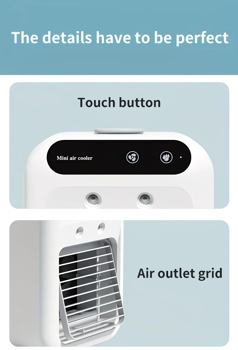 USB rechargeable mini air conditioning fan, supports USB/wireless charging. Features 3-speed wind, cooling, and humidification levels. Powered by a lithium — image 2