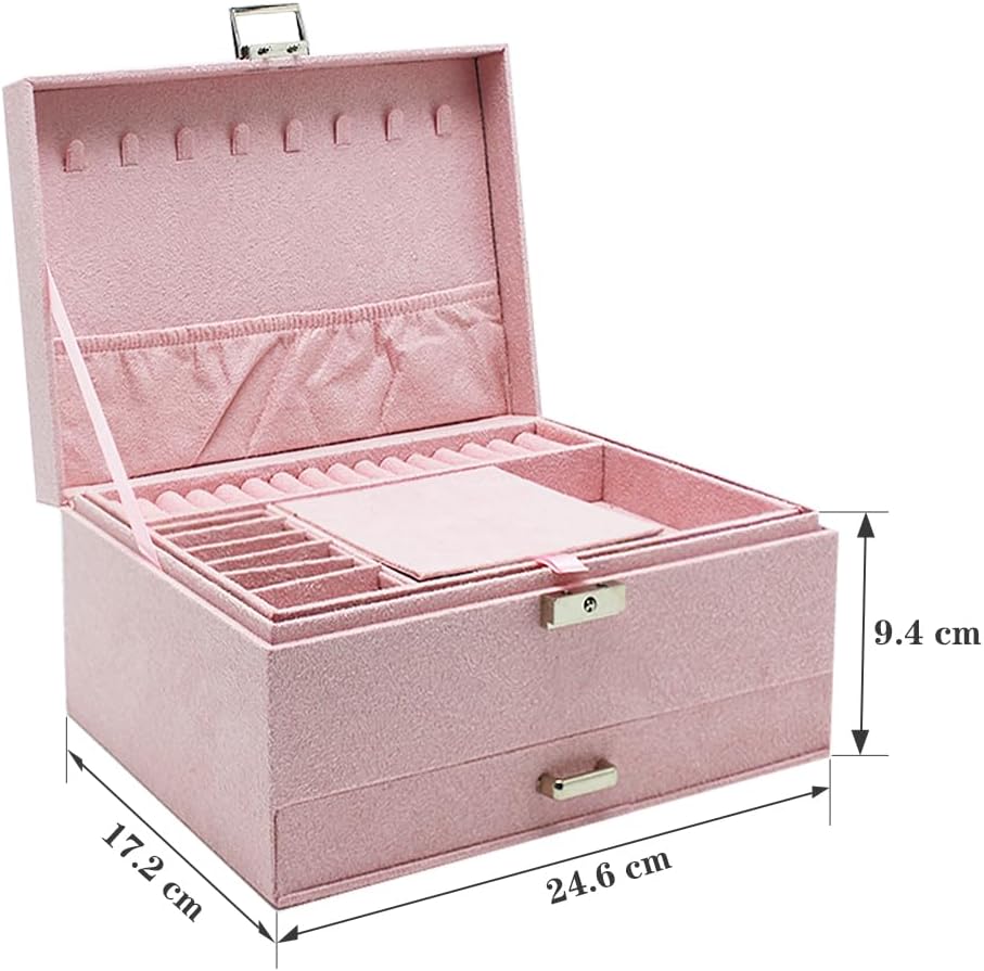3-Layer Velvet Jewellery Box with Lock, Large Storage Organiser with Drawers and Compartments for Rings and Watches, Pink โ image 2